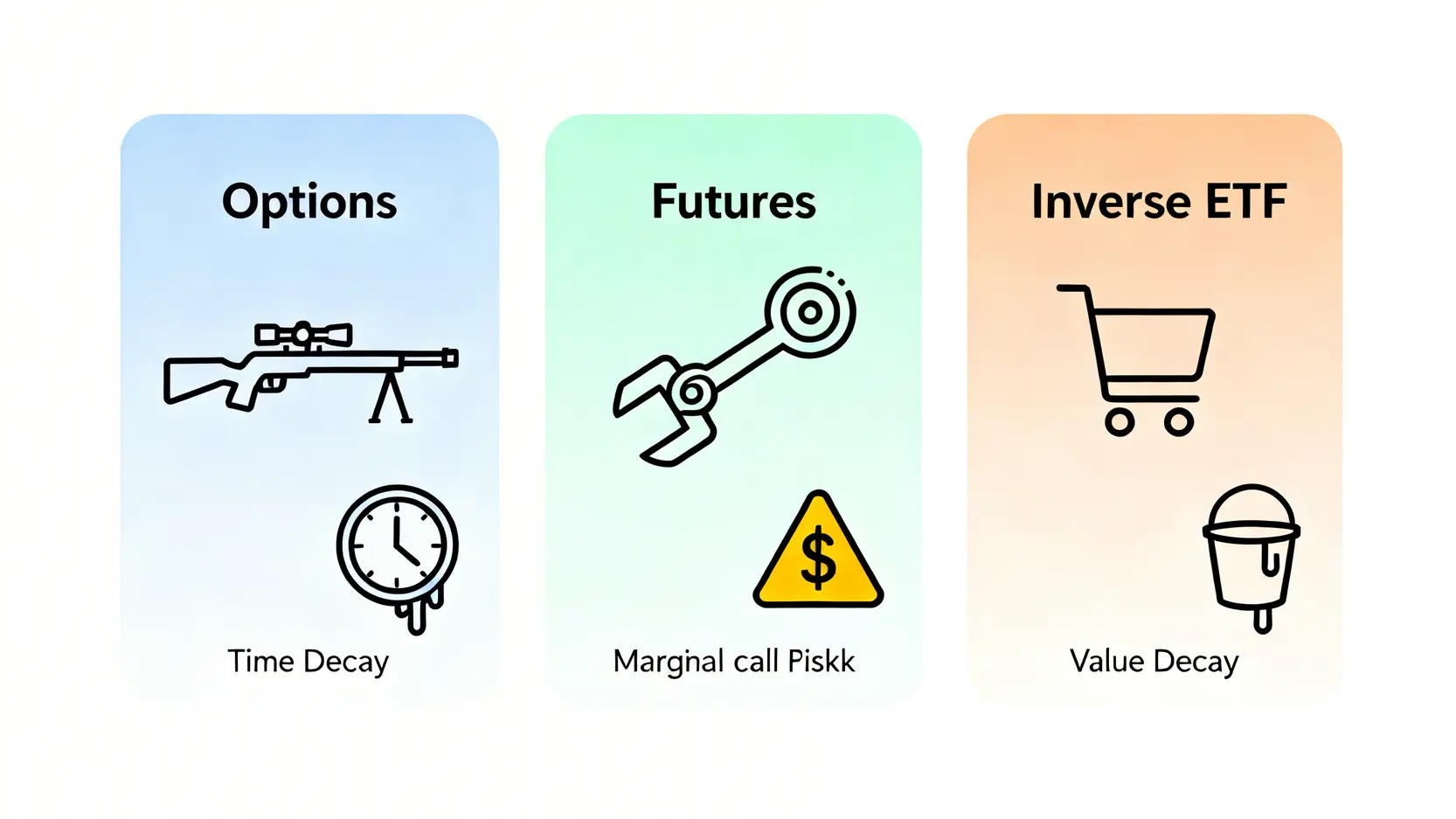 一張比較三種股票對沖工具的圖表,分別展示了選擇權的精準與時間損耗,期貨的槓桿與保證金風險,以及反向ETF的便利與淨值耗損。