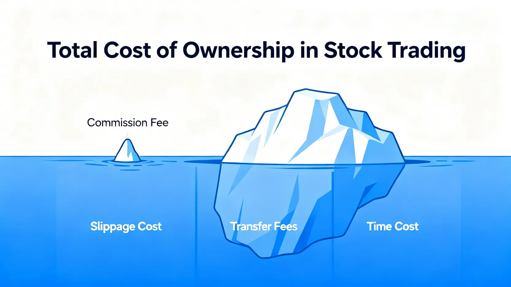 股票交易總持有成本概念圖,顯示手續費只是冰山一角,水面下有更大的隱藏成本,如滑價成本、轉帳費用和時間成本。