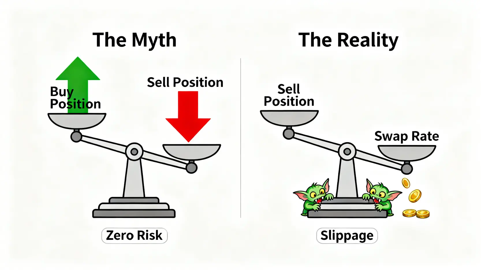 一張對比圖,展示了完美外匯對沖的神話與現實中存在滑點和隔夜利息成本的差異。