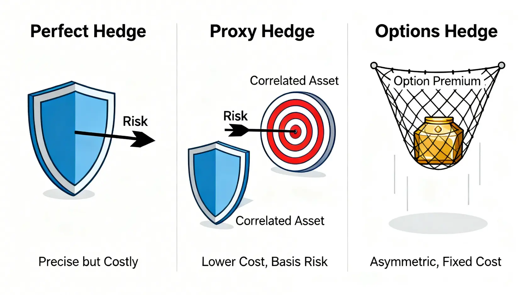 一張信息圖,比較三種外匯對沖策略:完美對沖、代理對沖和選擇權對沖的原理與優缺點。