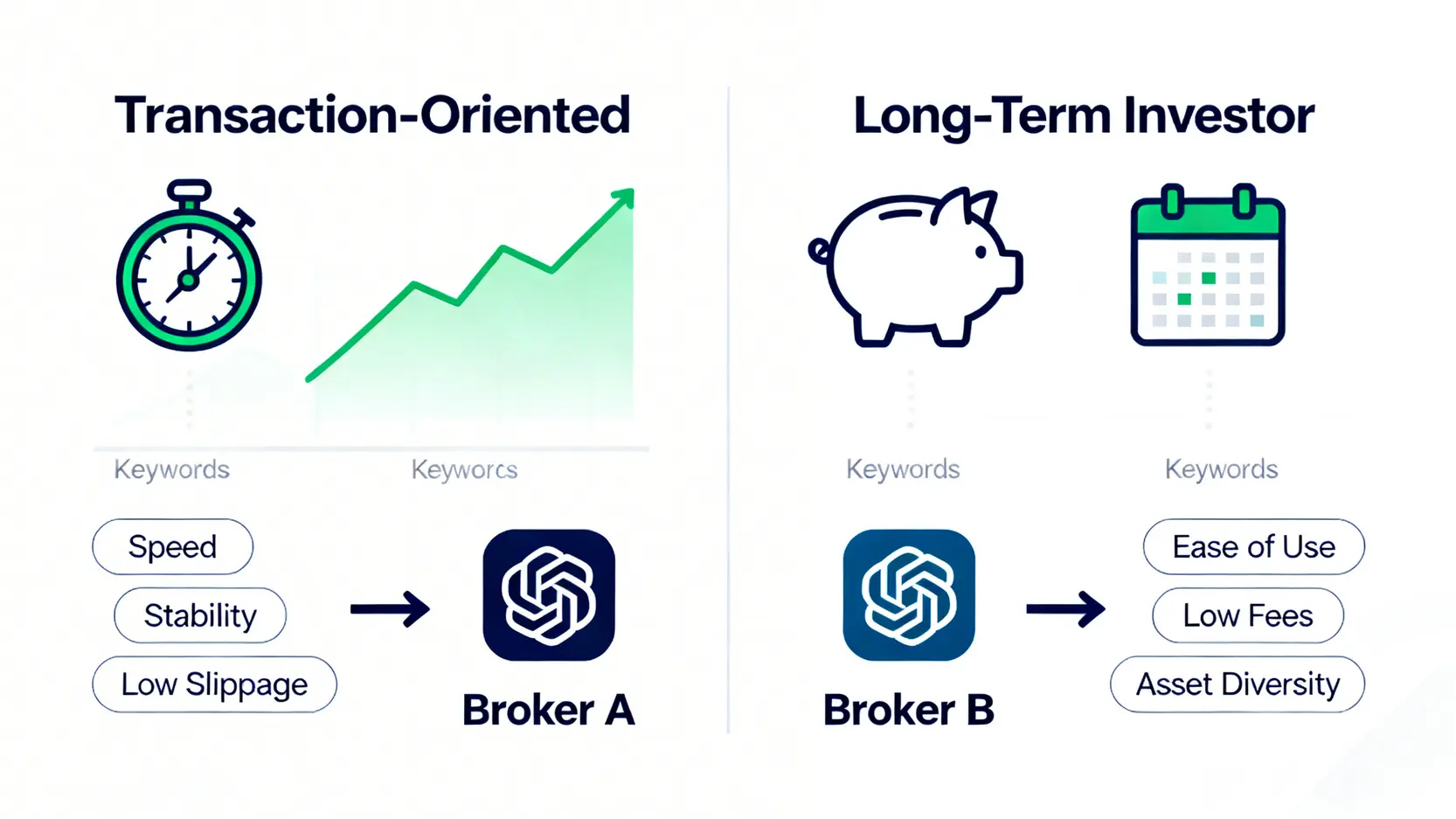 交易導向與存股導向投資者特徵對比圖,顯示了兩種類型投資者在選擇券商時的不同考量重點。