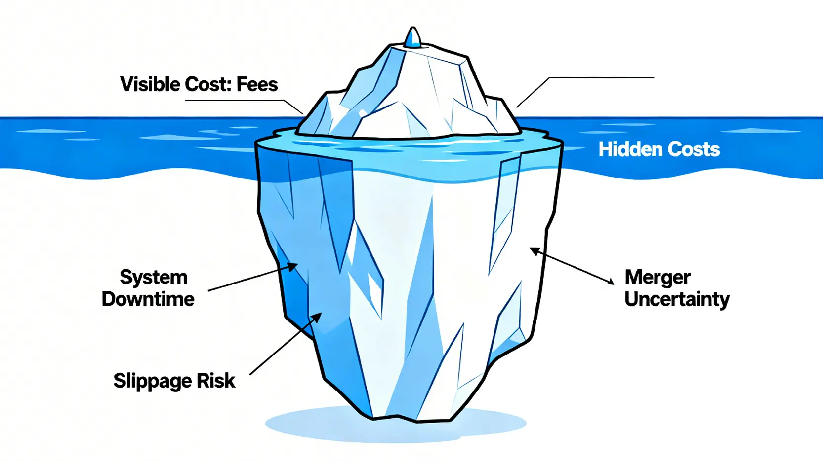 一張冰山示意圖,解釋券商的隱藏成本。水面上的冰山一角是「手續費」,水面下巨大的部分則是「系統不穩、交易滑價、合併風險」等隱藏成本。