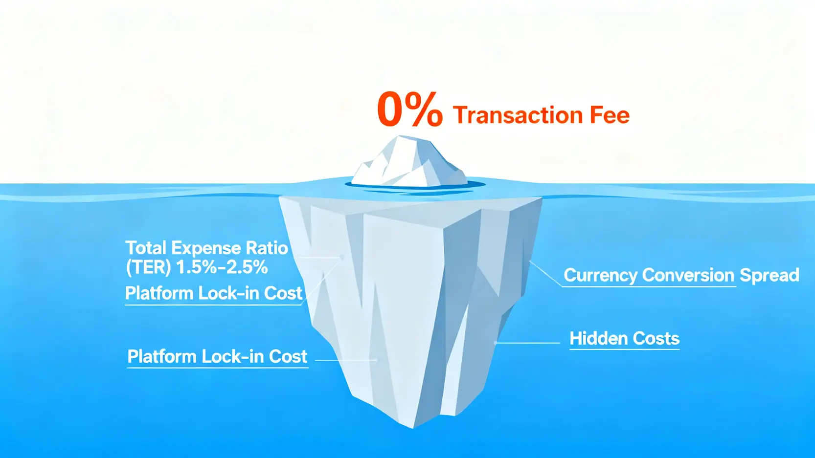 投資成本冰山圖,顯示0%手續費只是冰山一角,而水面下隱藏著基金內扣費用、平台鎖定成本等更大的總持有成本。