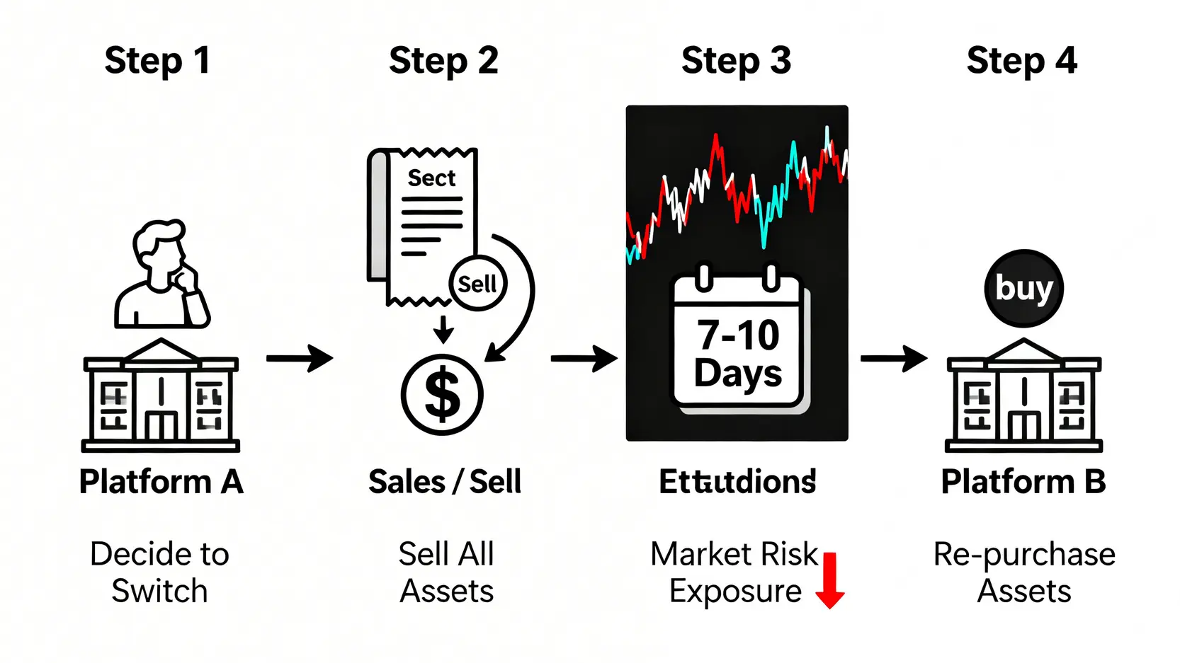 基金平台鎖定風險流程圖,展示投資者想轉換平台時,必須經歷賣出所有資產、等待資金入帳(承擔市場風險)、再到新平台重新買入的繁瑣且高風險過程。