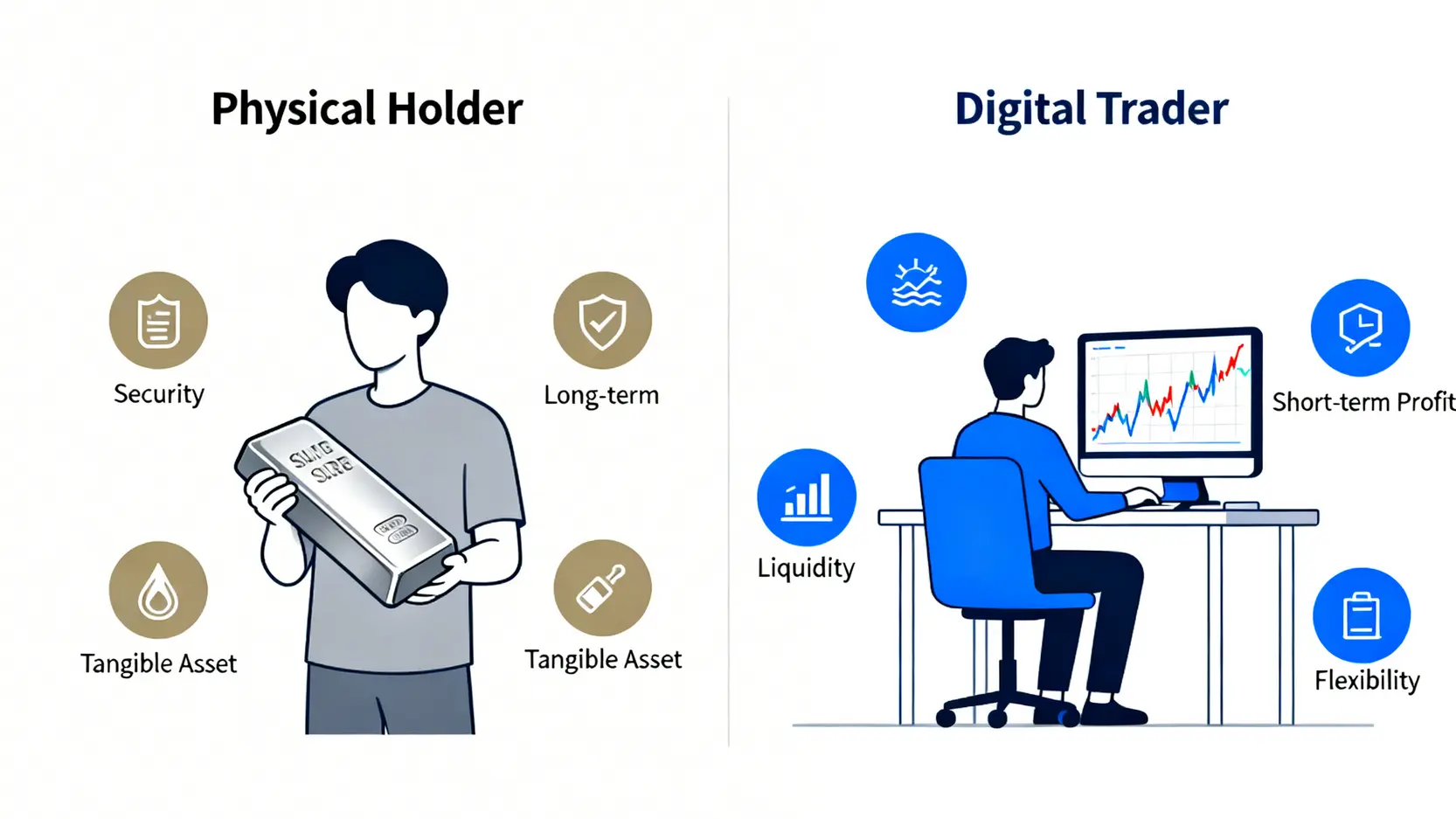 實體收藏型與數位交易型投資者對比圖,顯示兩種不同投資目標與風格。