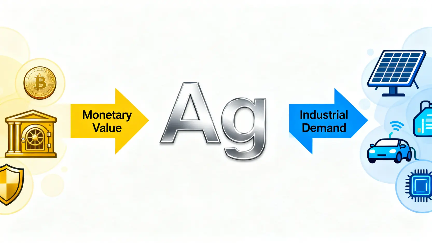 白銀的雙重價值示意圖,區分為貴金屬避險屬性與高科技工業需求。