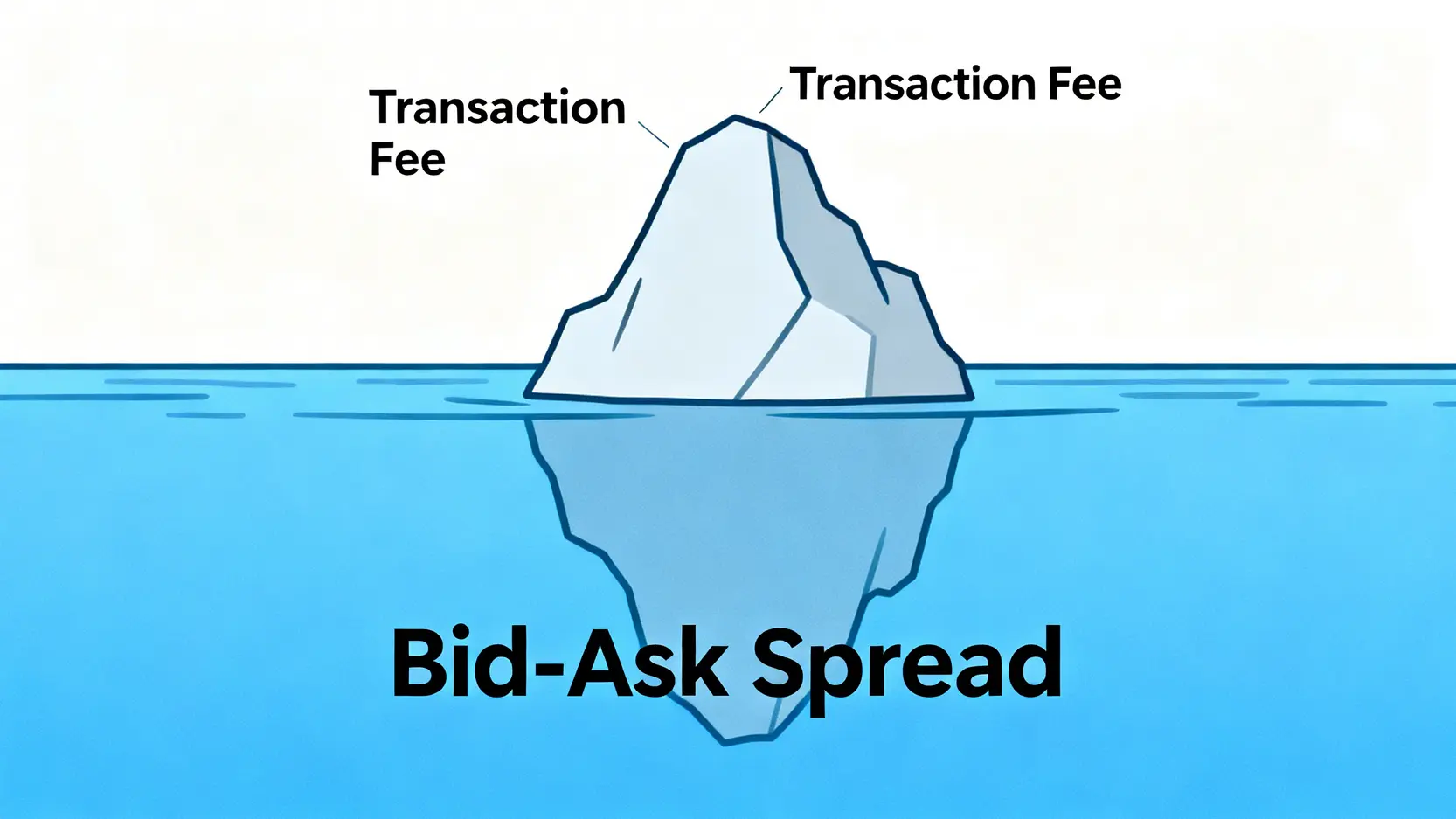 一張冰山圖,說明黃金存摺的交易成本。可見的手續費只是冰山一角,而隱藏的買賣價差才是水下更巨大的成本主體。
