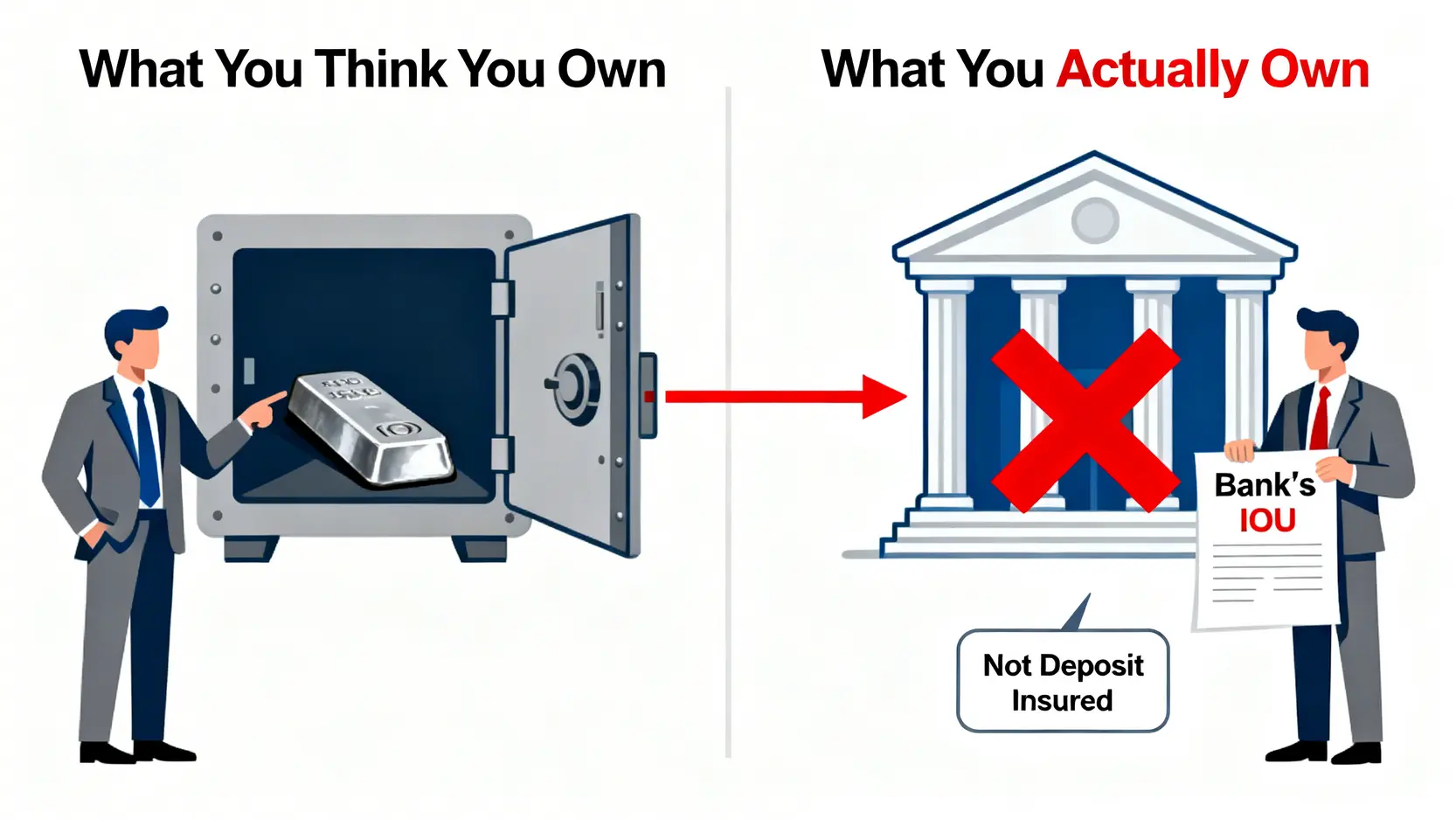 白銀存摺對手方風險示意圖,說明投資人持有的是銀行的債權憑證,而非實體白銀所有權。