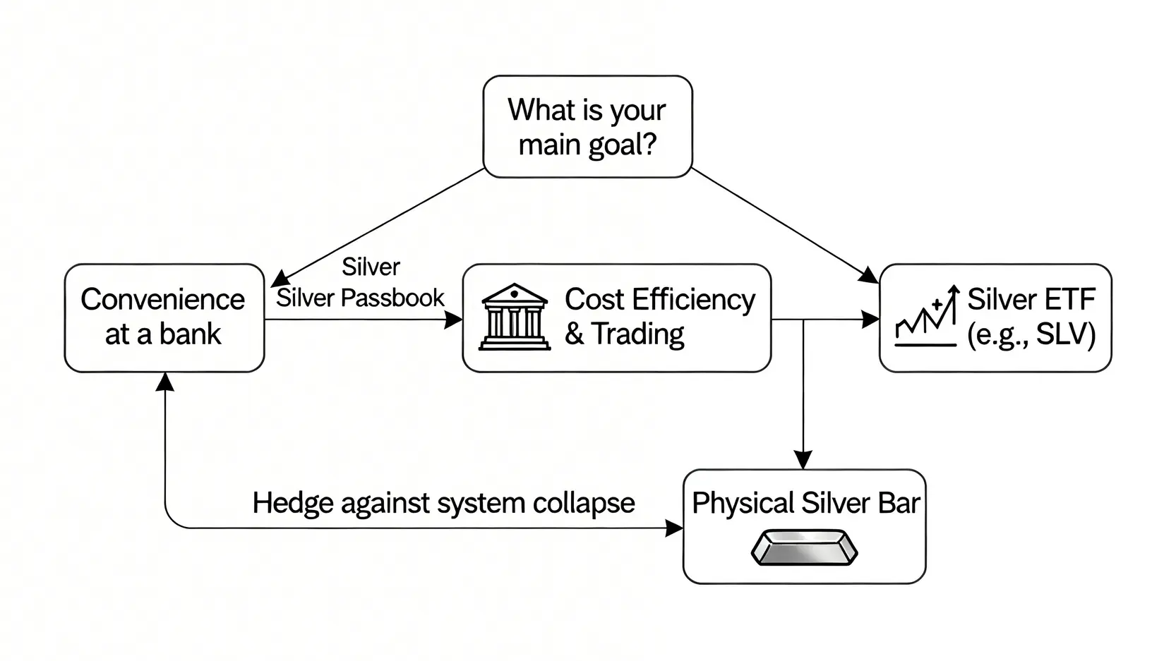 白銀投資決策流程圖,根據投資目標(銀行便利性、成本效益、系統性避險)引導至白銀存摺、白銀ETF或實體白銀等不同方案。