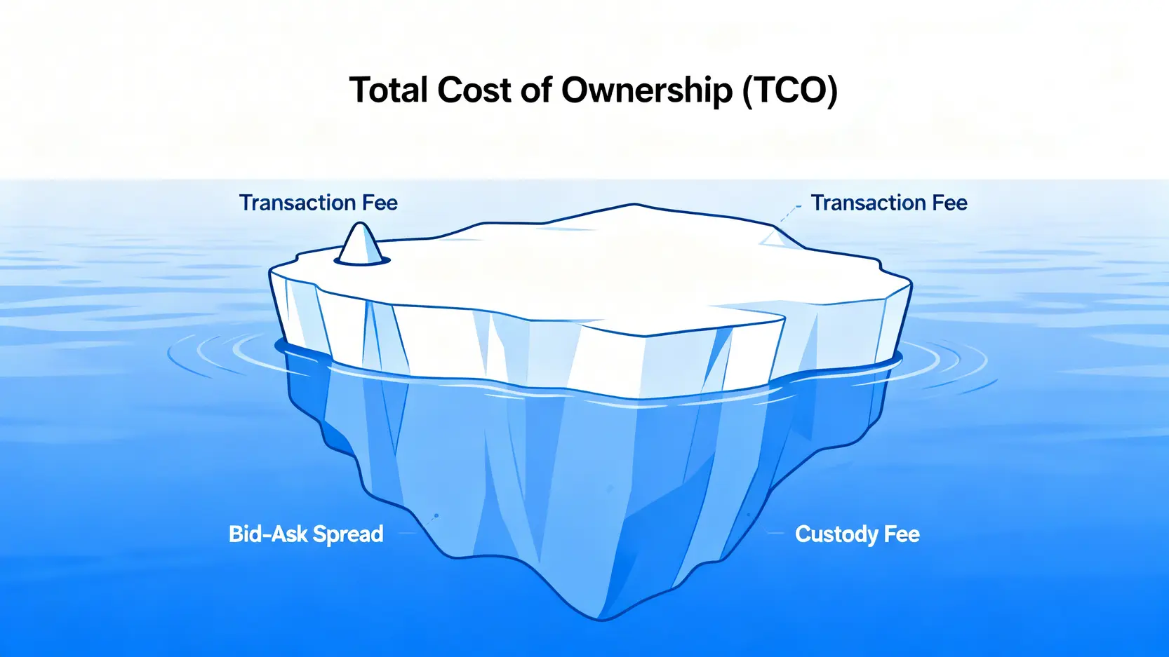 總持有成本概念圖,以冰山比喻說明手續費只是表面,買賣價差等隱藏成本才是主體。