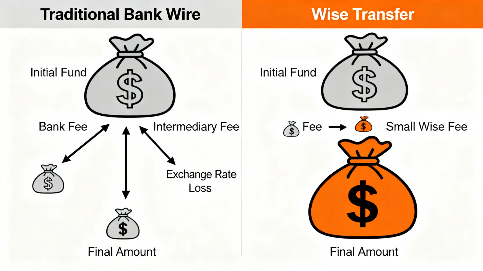 傳統銀行電匯與Wise入金成本對比圖,顯示Wise能保留更多資金。