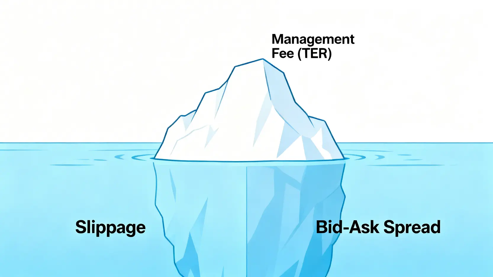 投資總持有成本冰山圖,顯示管理費只是可見一小部分,而滑價與買賣價差是更大的隱藏成本。