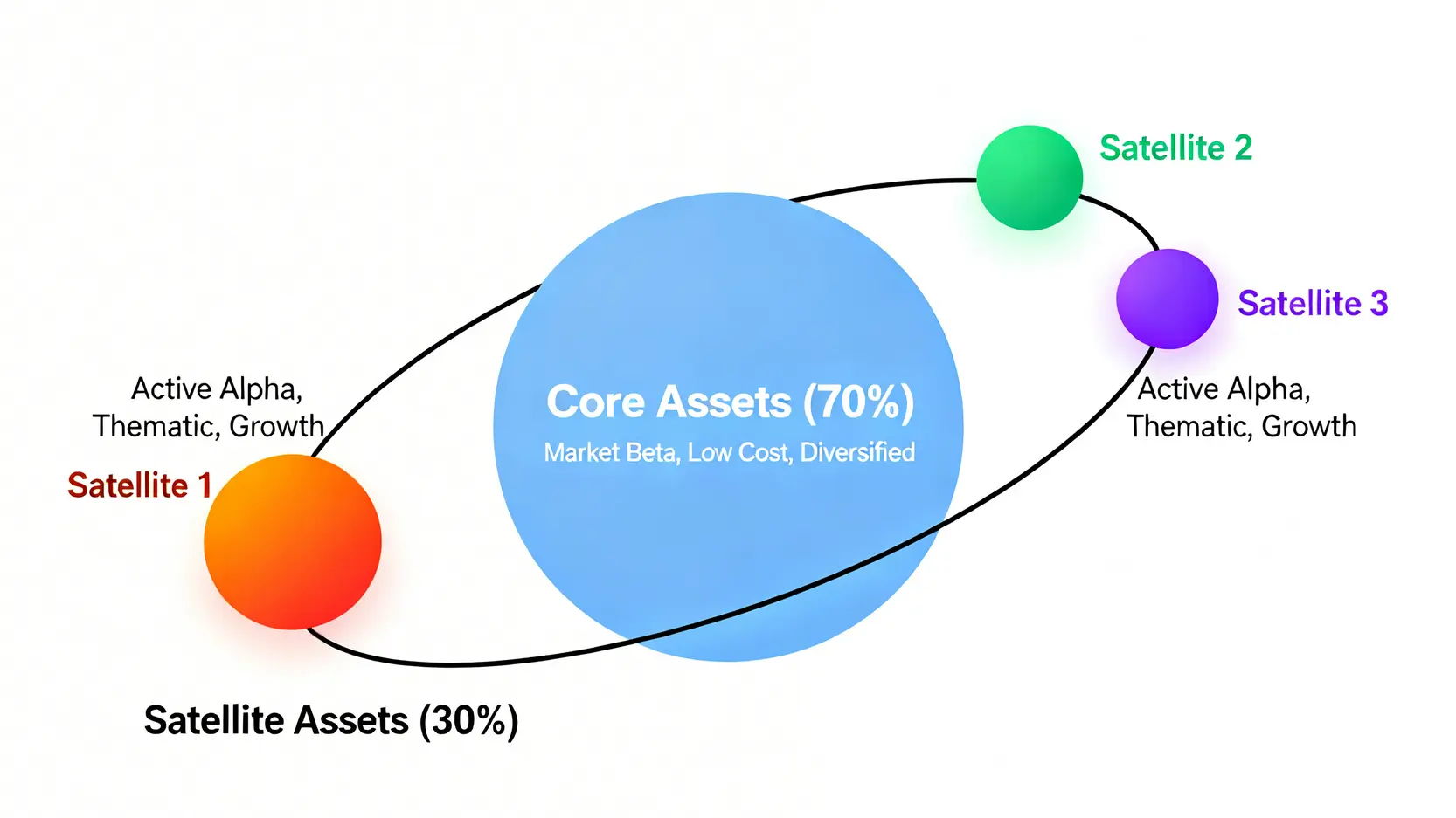 核心-衛星投資組合結構圖,展示70%的核心資產和30%的衛星資產配置比例。