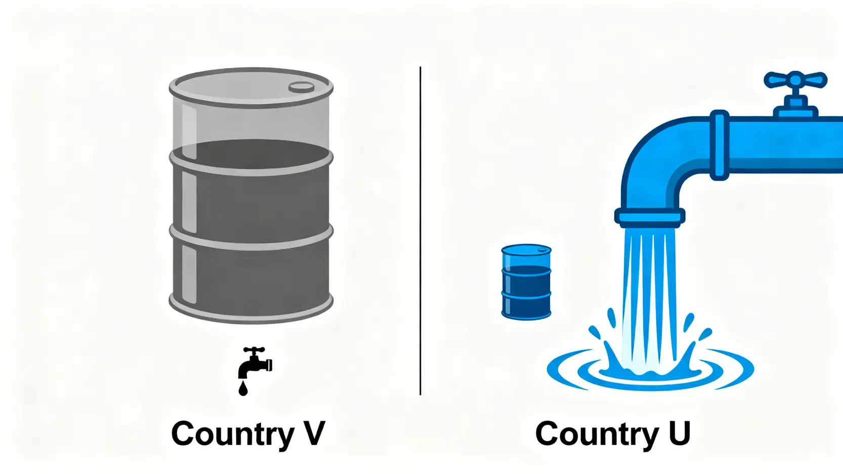 對比圖顯示委內瑞拉石油儲量巨大但產量低,而美國儲量較少但產量極高。