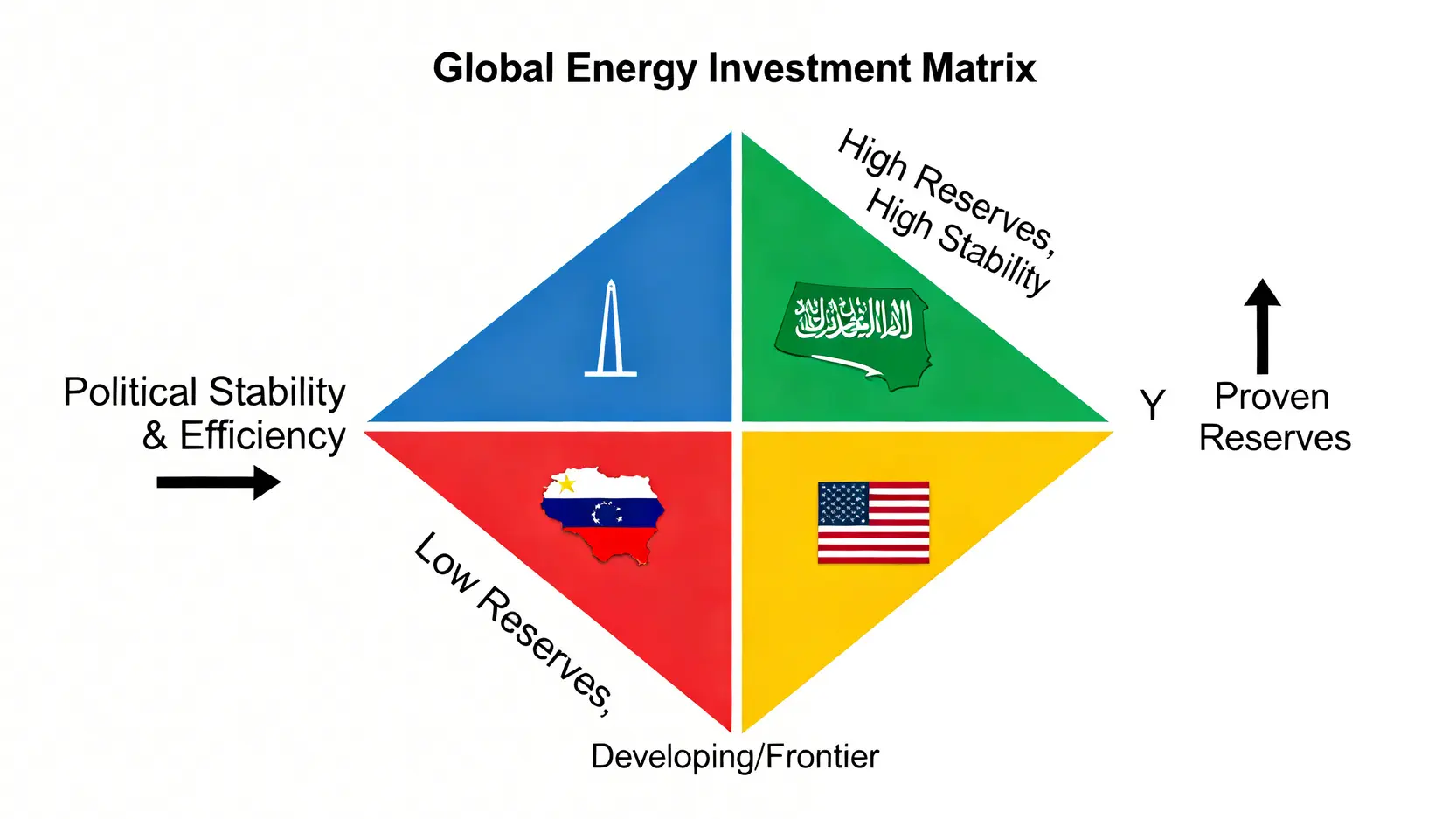 全球石油投資風險矩陣,根據儲量和政治穩定性將主要國家分為四個象限。