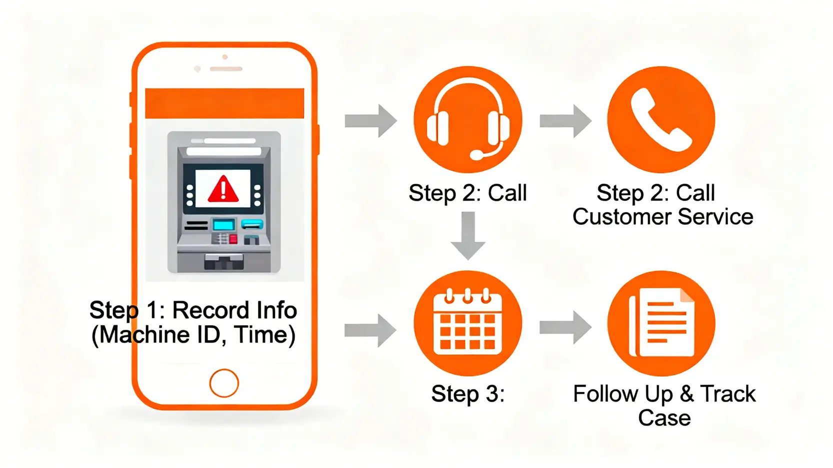 零錢存款機故障處理三步驟流程圖。