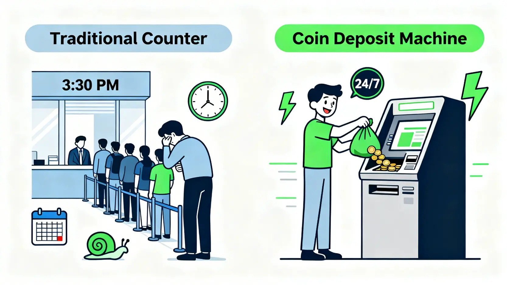 傳統銀行臨櫃存款與現代零錢存款機的效率對比圖。