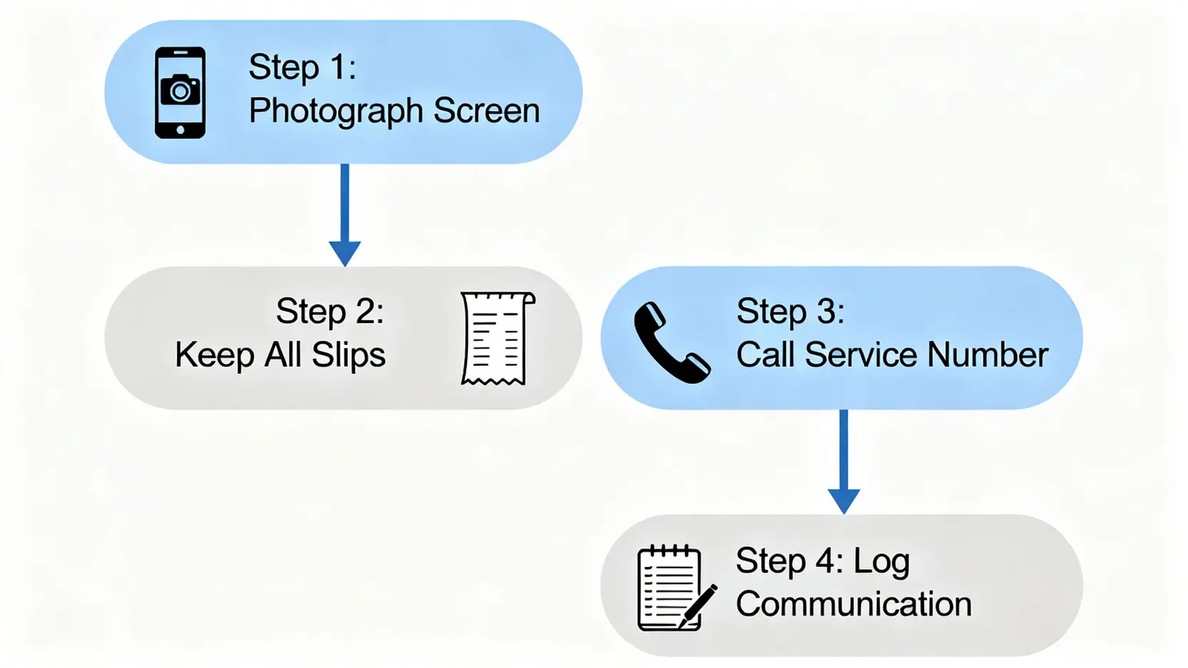 零錢存款機故障時的四個標準處理步驟流程圖。