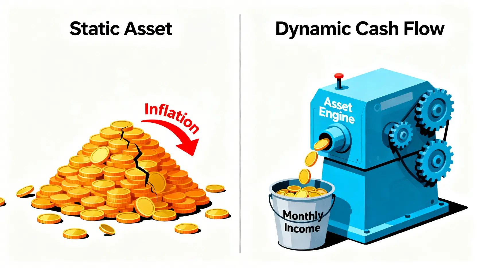 退休理財思維對比圖:靜態資產如一堆逐漸被通膨侵蝕的錢,而動態現金流系統則像一部能持續產生收入的資產引擎。