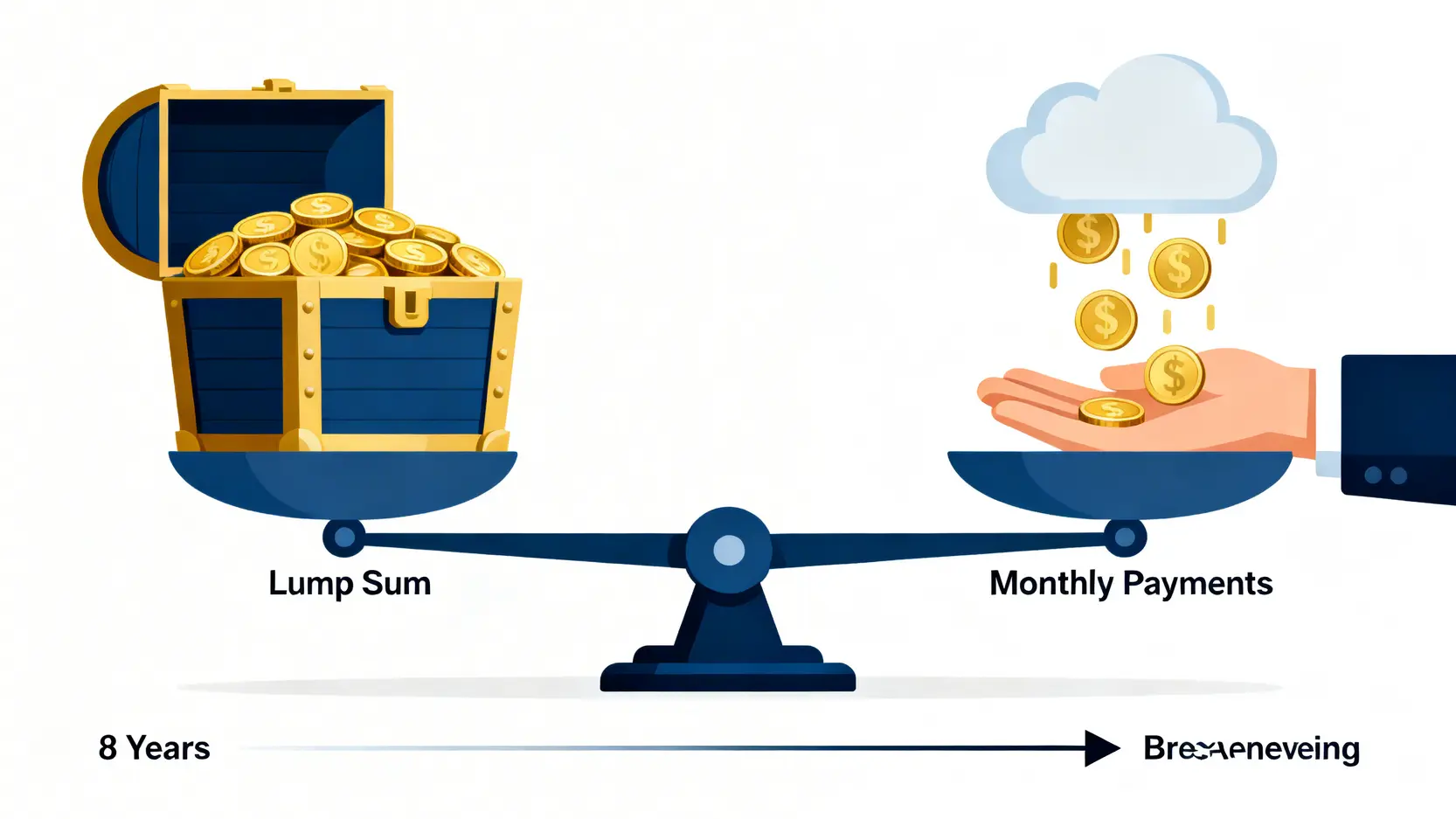 勞保老年給付一次領與月領的利弊比較圖,以天秤和時間軸展示損益兩平點。