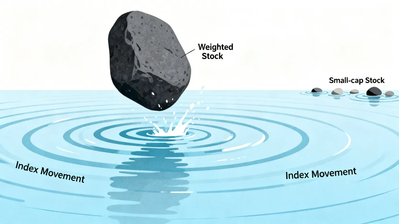 權值股對大盤指數影響力的概念示意圖,一顆標示著「權值股」的大石頭投入水中產生巨大漣漪,而小石頭只產生微小漣漪。