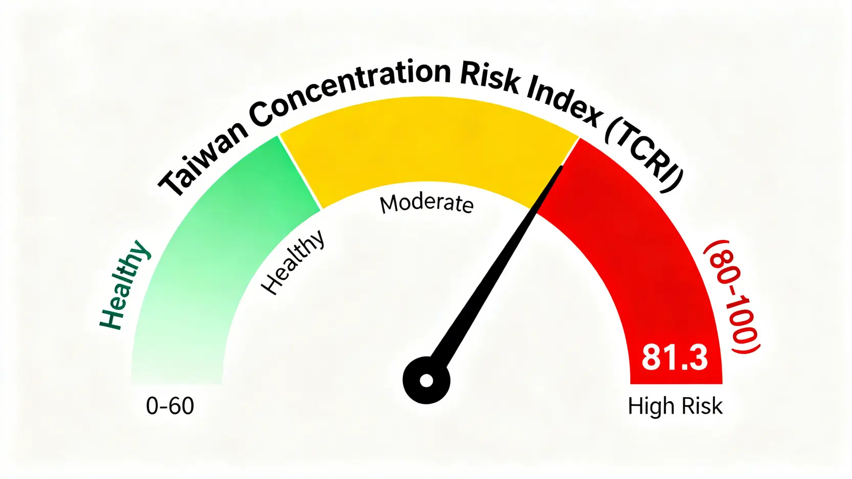 台股集中度風險係數(TCRI)儀表板,指針在紅色區域指向81.3,顯示市場處於高度集中風險狀態。