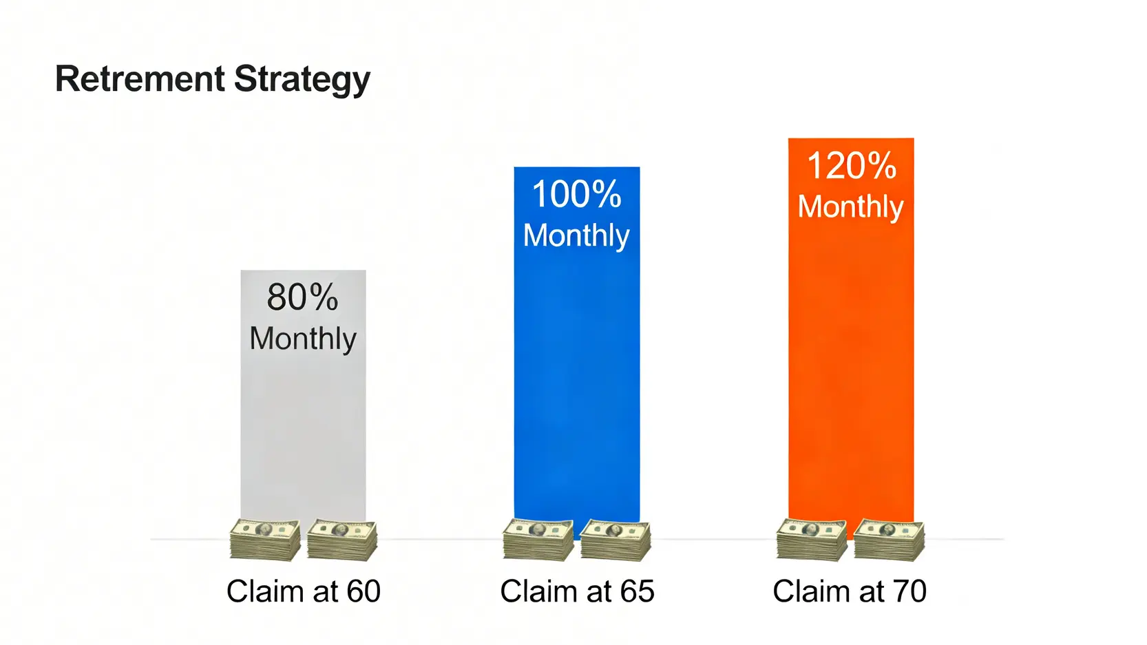 長條圖比較60歲、65歲和70歲請領勞保年金的月領金額差異。70歲請領的每月金額最高,60歲最低。
