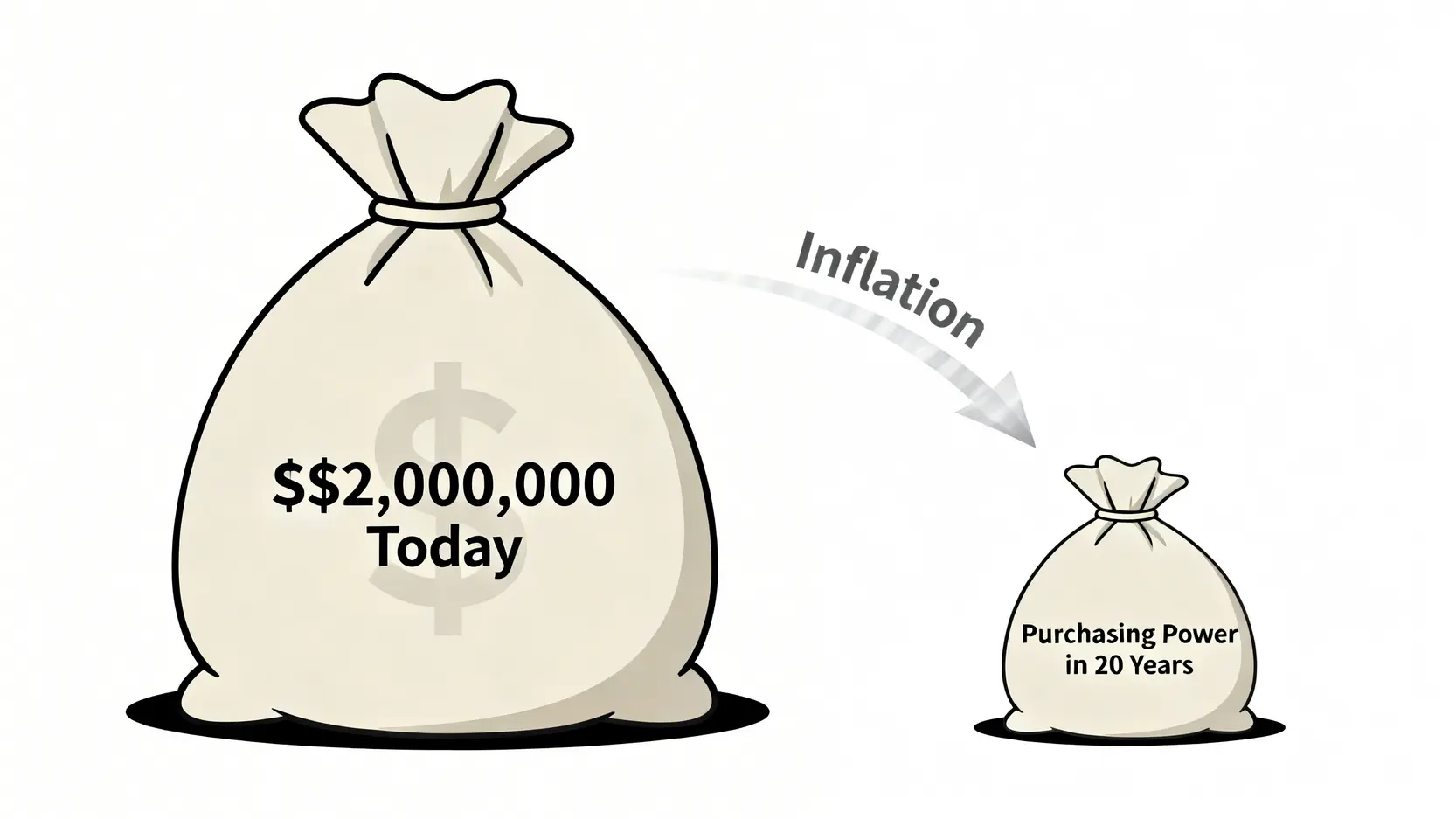通貨膨脹導致退休金購買力縮水的概念圖,顯示一筆錢在20年後價值變小。