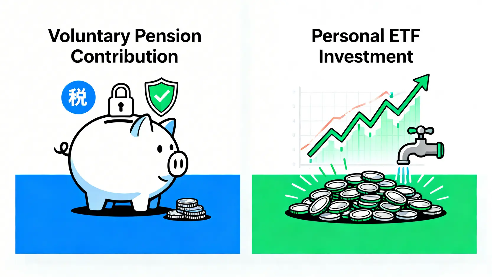 勞退自提6%與自行投資ETF的優缺點對比示意圖。