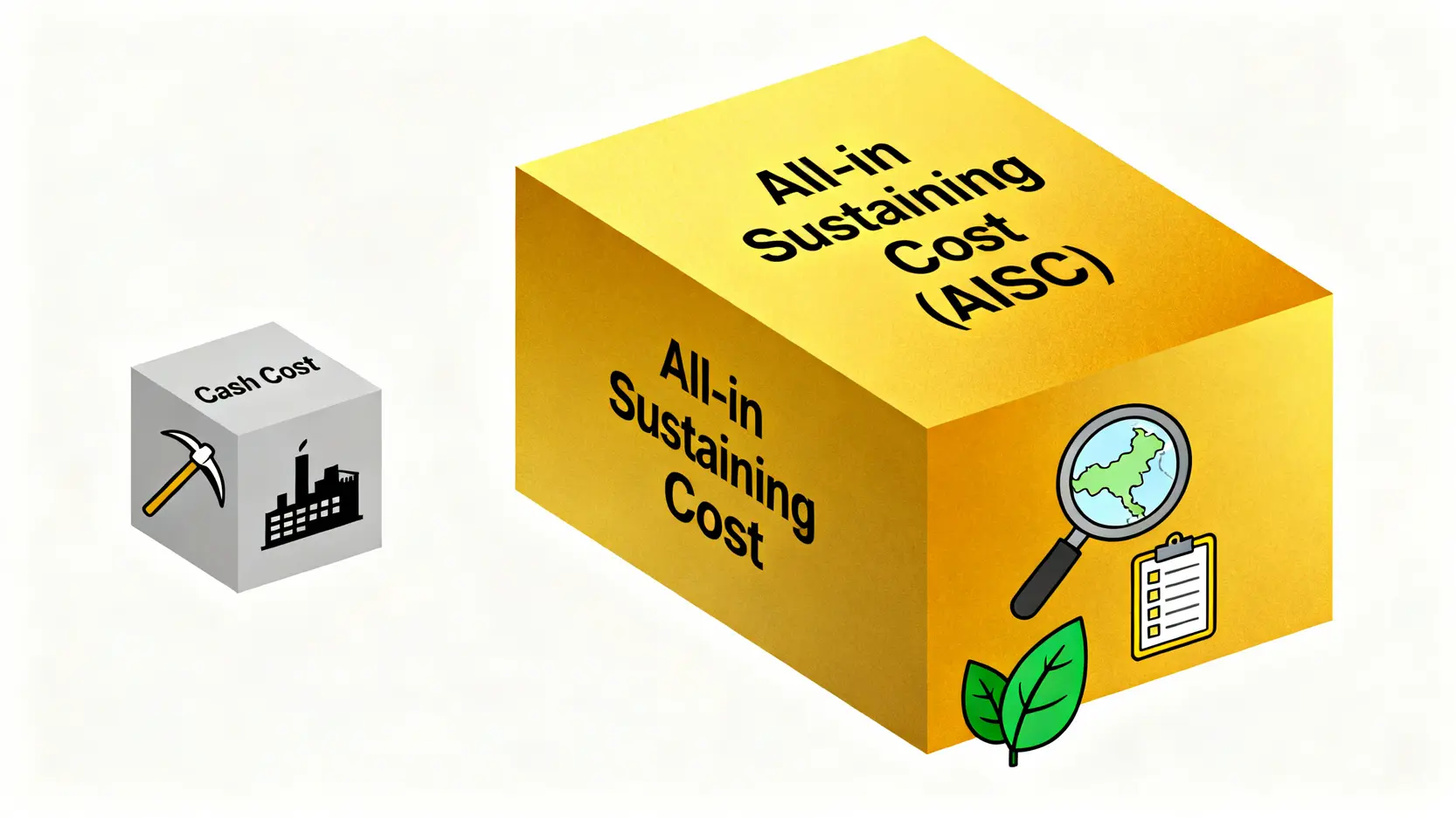 一張對比圖,顯示全方位可持續成本(AISC)與現金成本的區別。AISC包含現金成本以及額外的勘探、行政和環保費用。