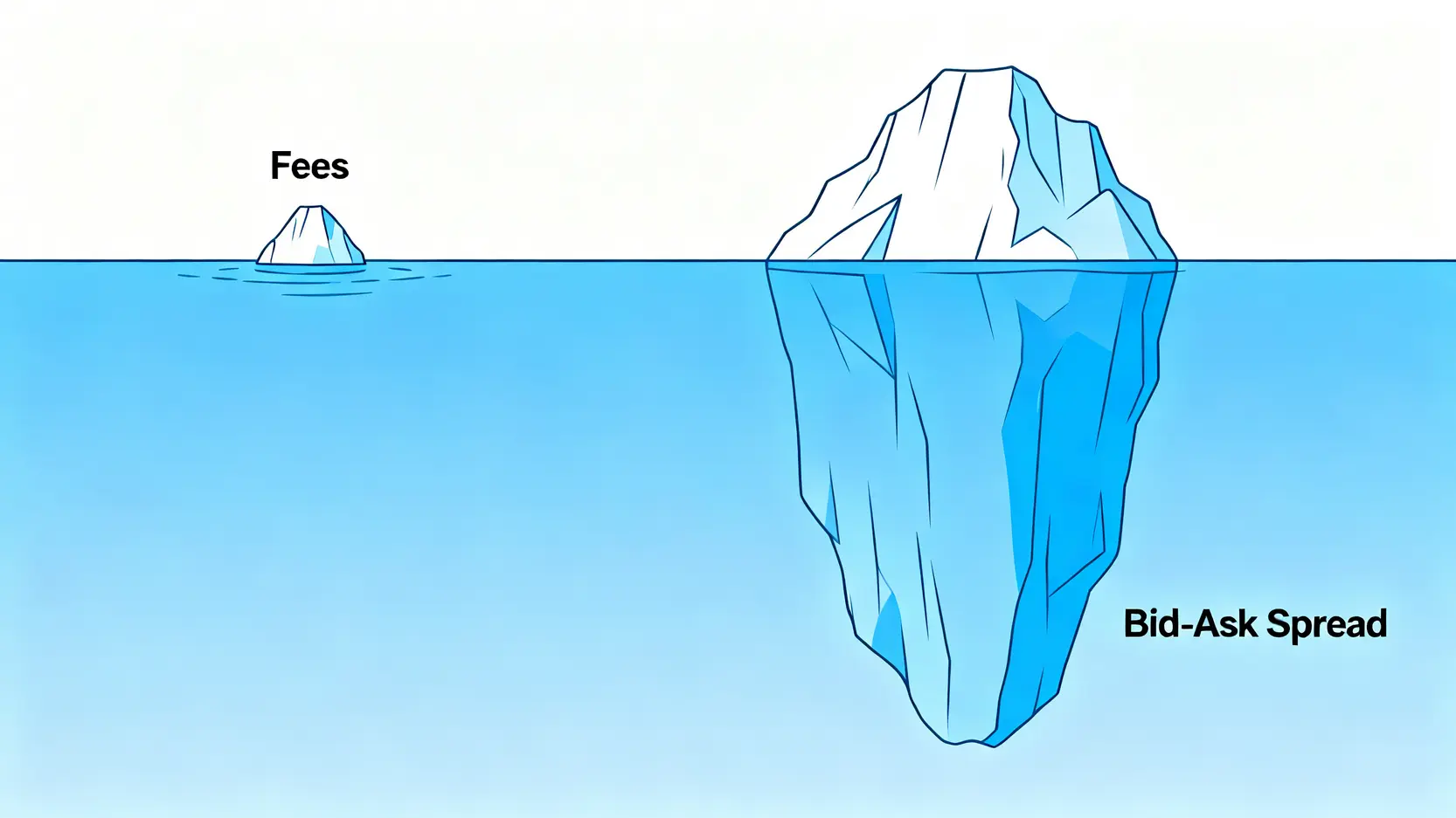 一張冰山圖,形象地說明黃金存摺的隱藏成本,可見的手續費只是冰山一角,而水面下巨大的部分則是買賣價差。