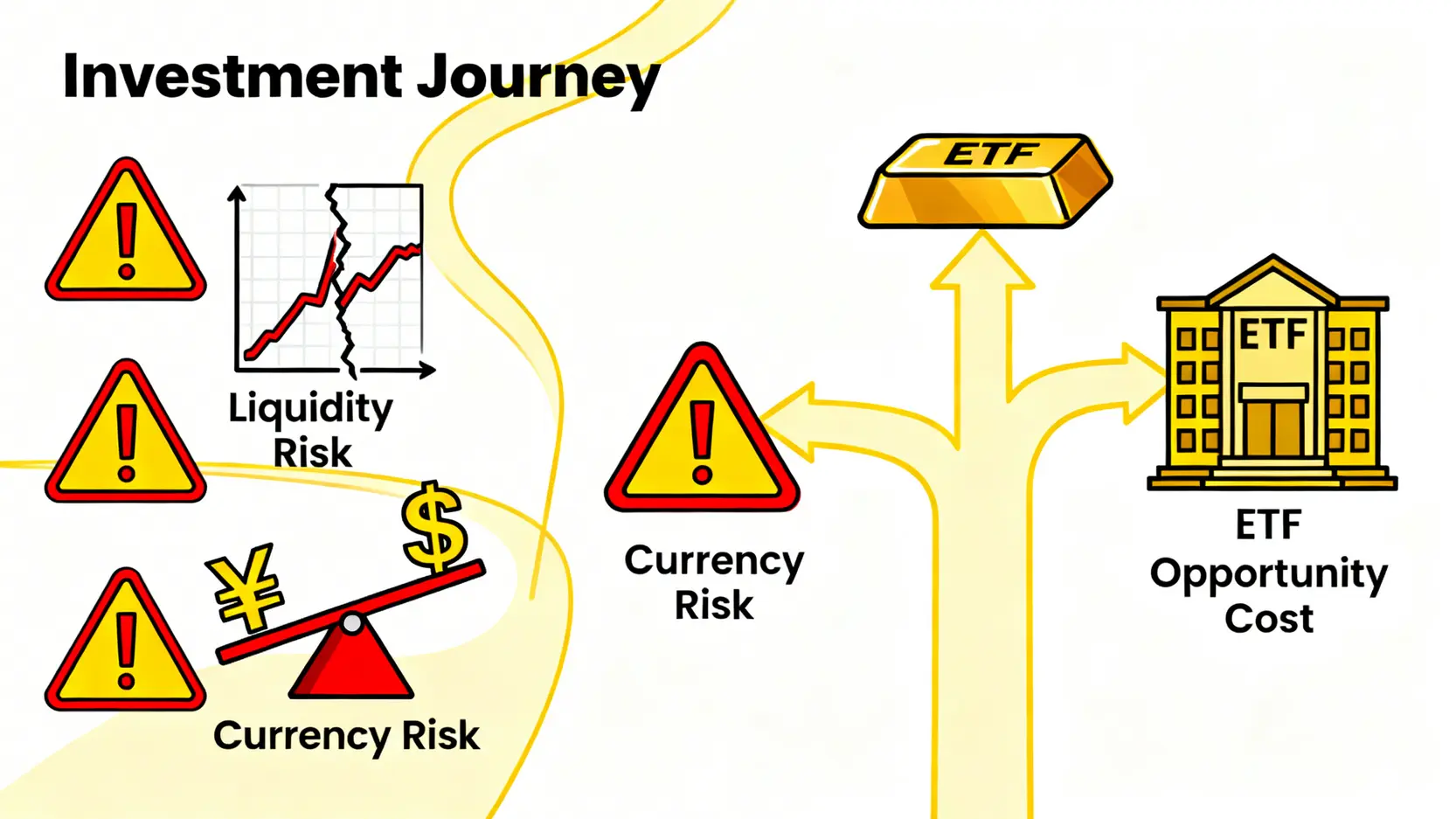 一張示意圖,展示黃金存摺的三大隱形風險:市場恐慌時的流動性風險、美元與台幣的匯率風險,以及相對於黃金ETF等其他投資工具的機會成本。