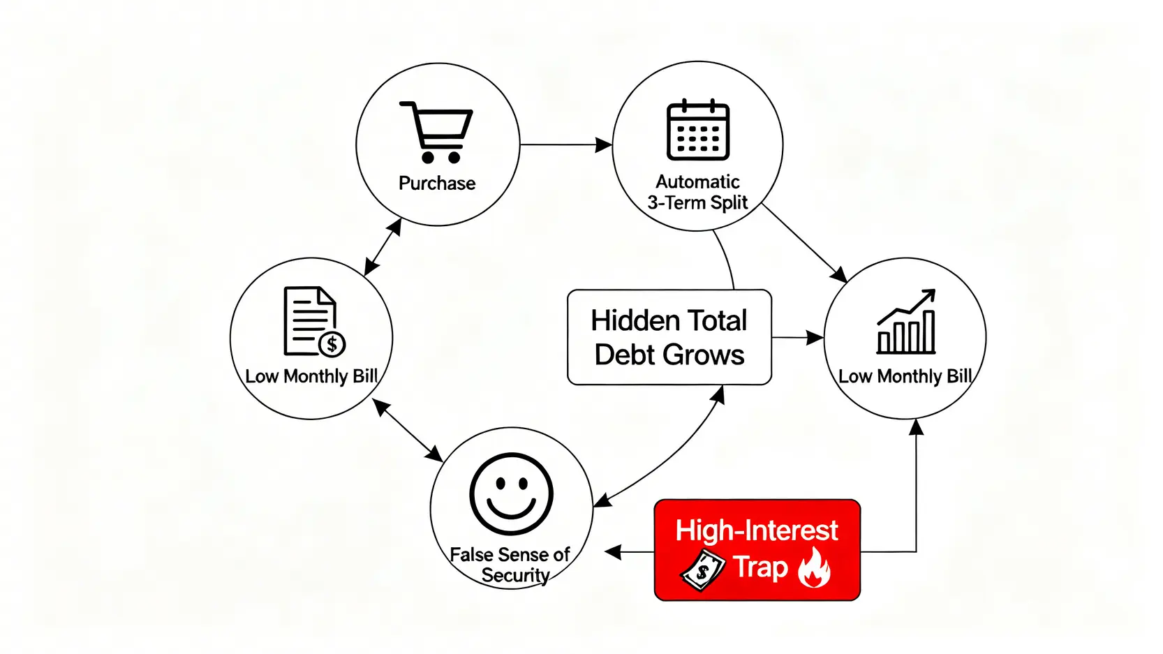 信用卡自動分期導致的債務陷阱流程圖,展示了從分期付款到債務累積的風險過程。