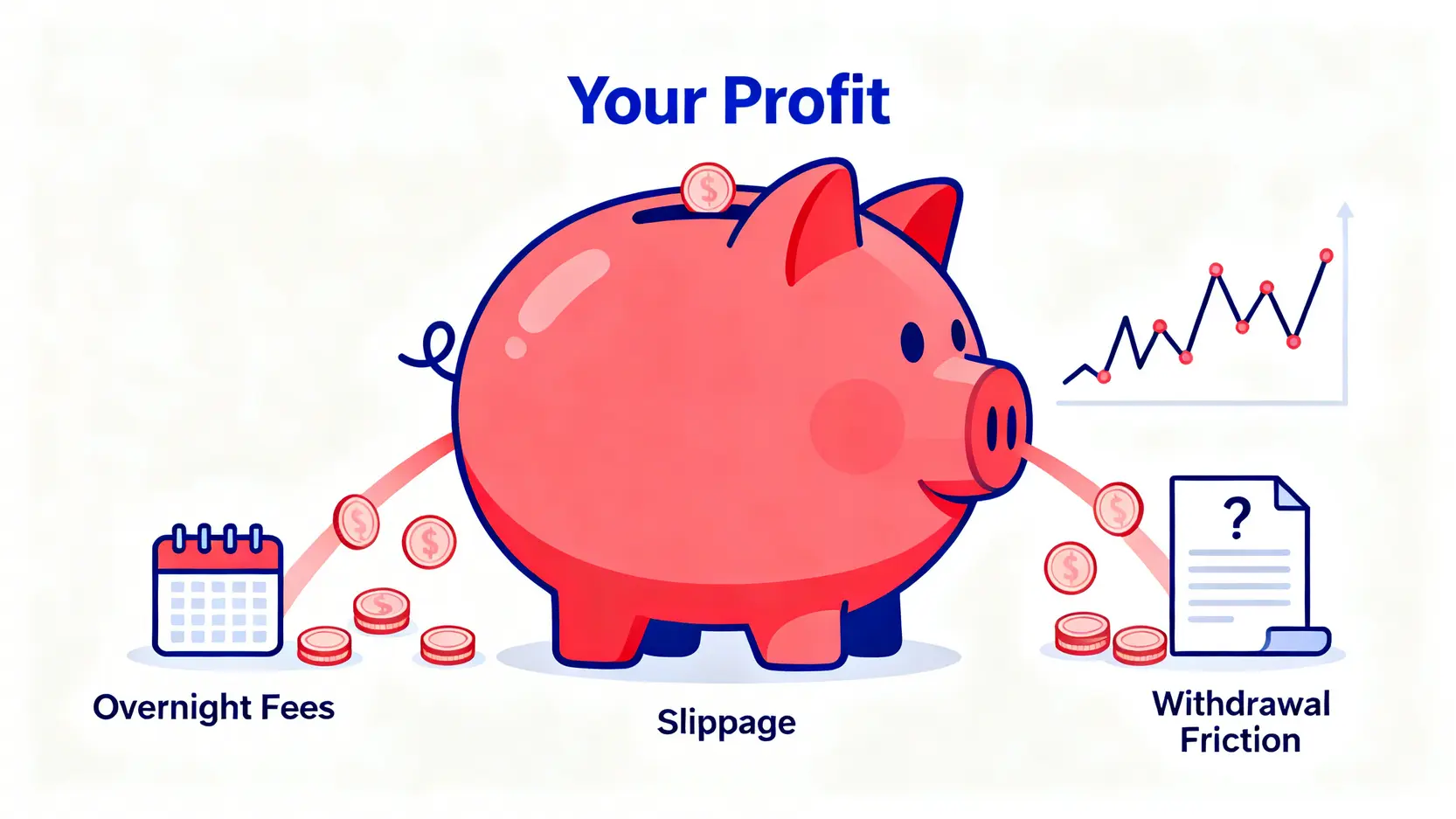 一個存錢筒正在漏錢,象徵著Mitrade的三大隱藏成本:隔夜費、交易滑點和出金效率問題。