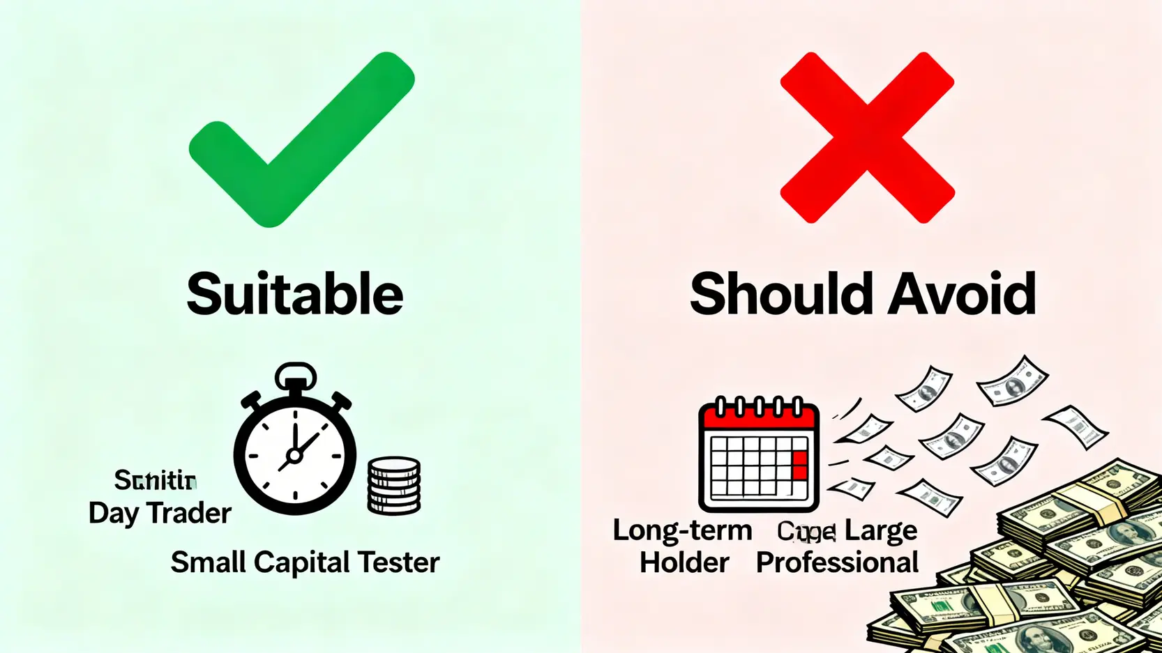 Mitrade使用者畫像對比圖,左邊是適合的日內短線客,右邊是不適合的長線投資者。