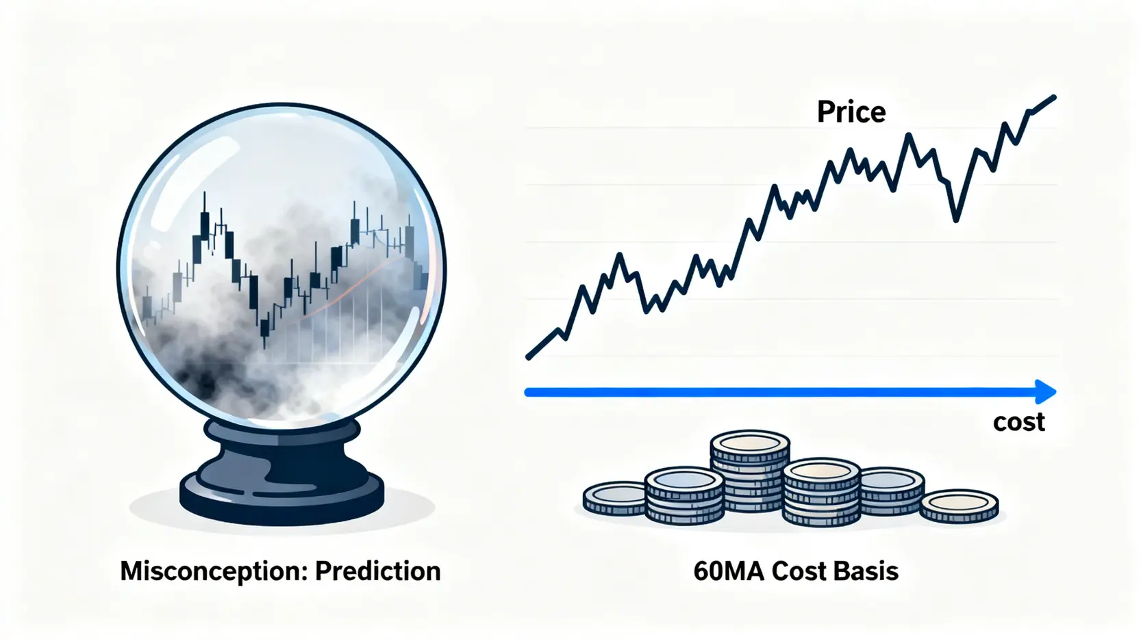 一張圖解釋季線的真正意義,左邊是迷思中的預測水晶球,右邊是代表主力平均成本的支撐線。