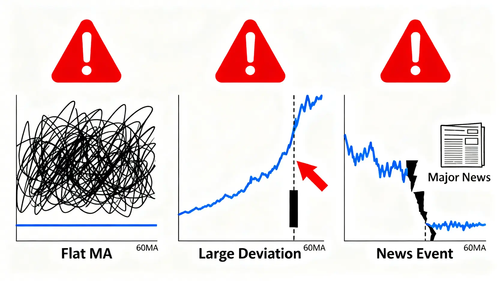 三種季線指標失靈的警告情境:季線走平的盤整區、股價與季線乖離過大,以及重大消息公布。