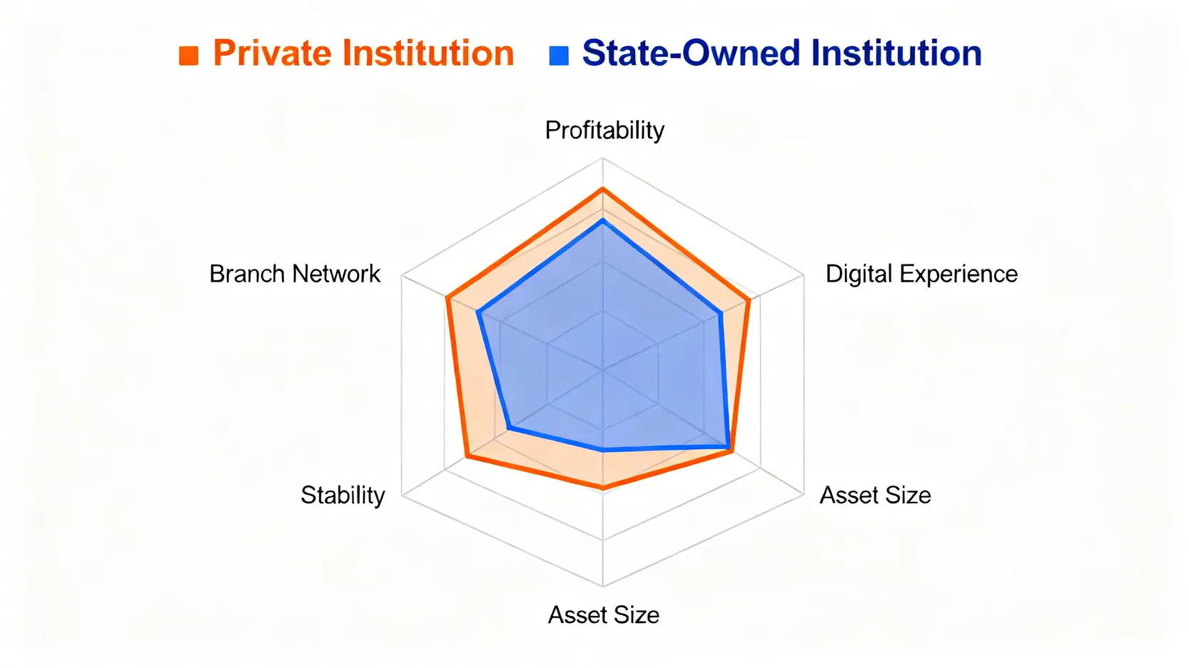 雷達圖比較民營金融機構與公營金融機構在獲利能力、數位體驗、資產規模、穩定性與分行網絡五個維度的表現。