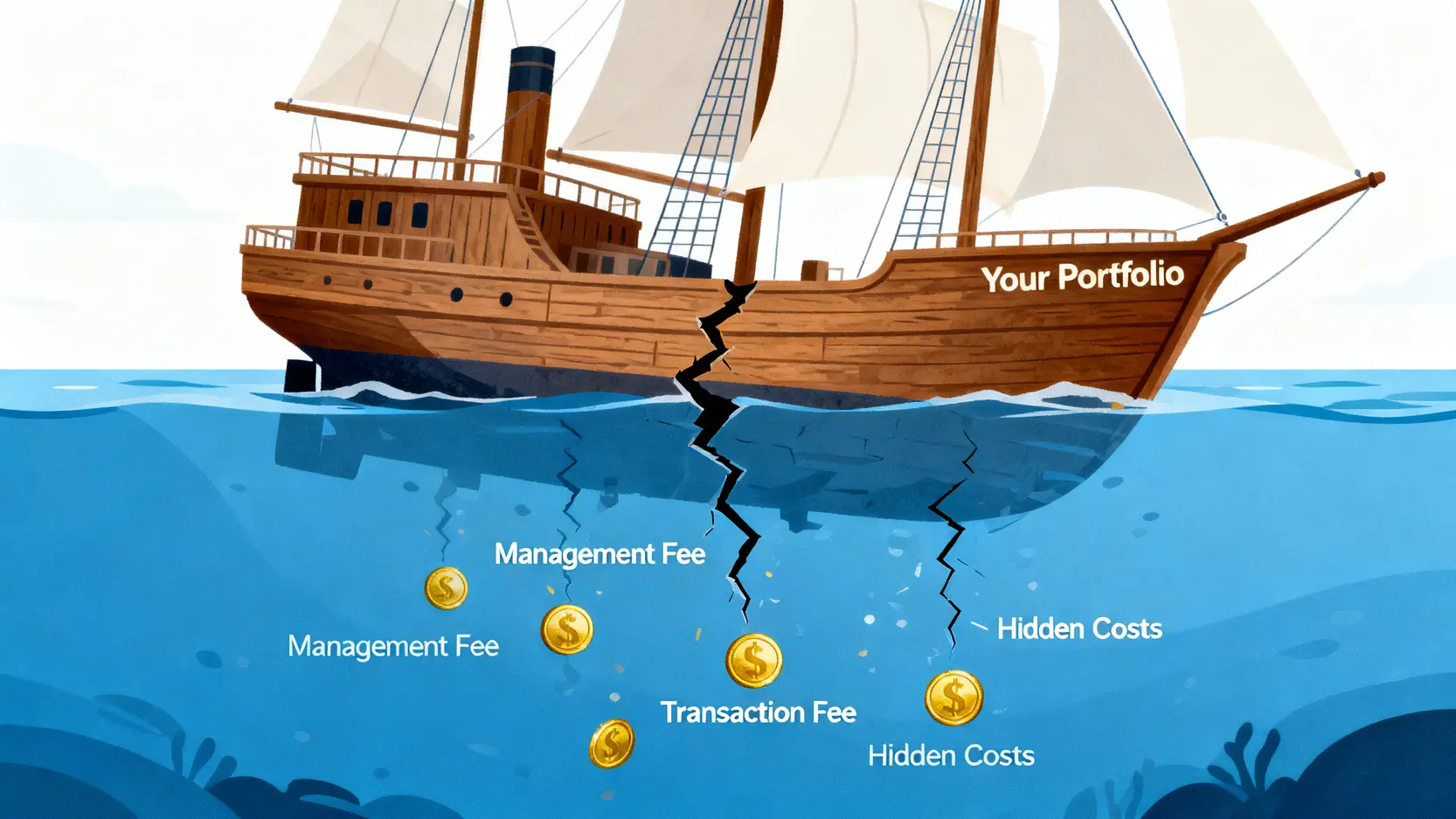 一張概念圖,描繪一艘名為「你的投資組合」的船,船身水面下有小裂縫,金幣正從中漏出,象徵著「成本洩漏」正在侵蝕投資績效。
