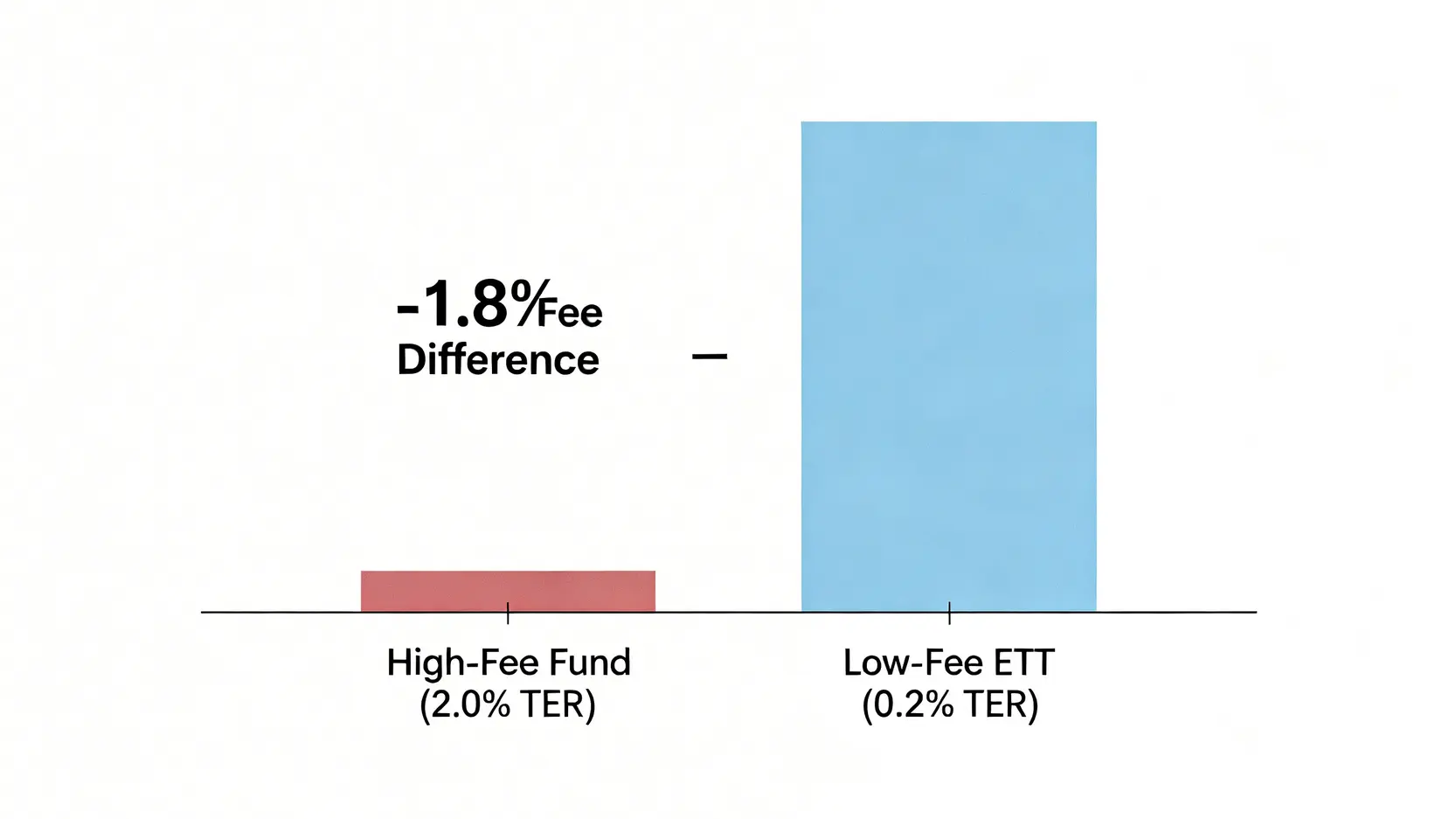 一張長條圖,比較高內扣費用基金與低內扣費用ETF十年後的資產差距,顯示出1.8%的費用差異在複利效應下對最終報酬的巨大影響。