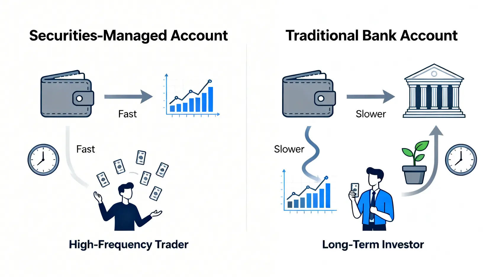 證券分戶帳與傳統銀行交割戶的對比圖,展示了兩者在資金流動速度和適用投資者類型上的差異。