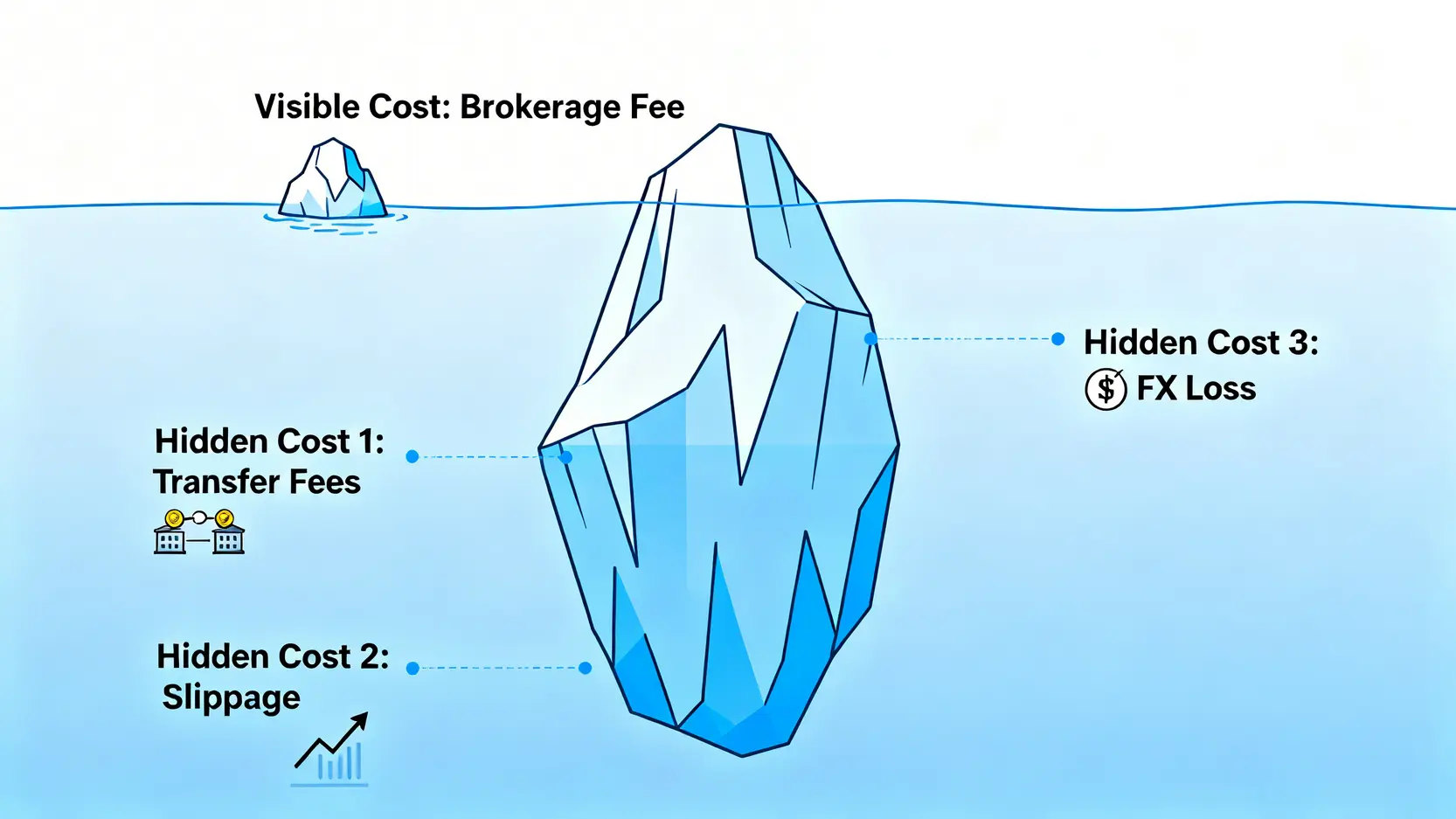 交易成本冰山圖,顯示可見的手續費只是冰山一角,而水面下是更大的隱藏成本,如轉帳費、交易滑價和匯率損失。