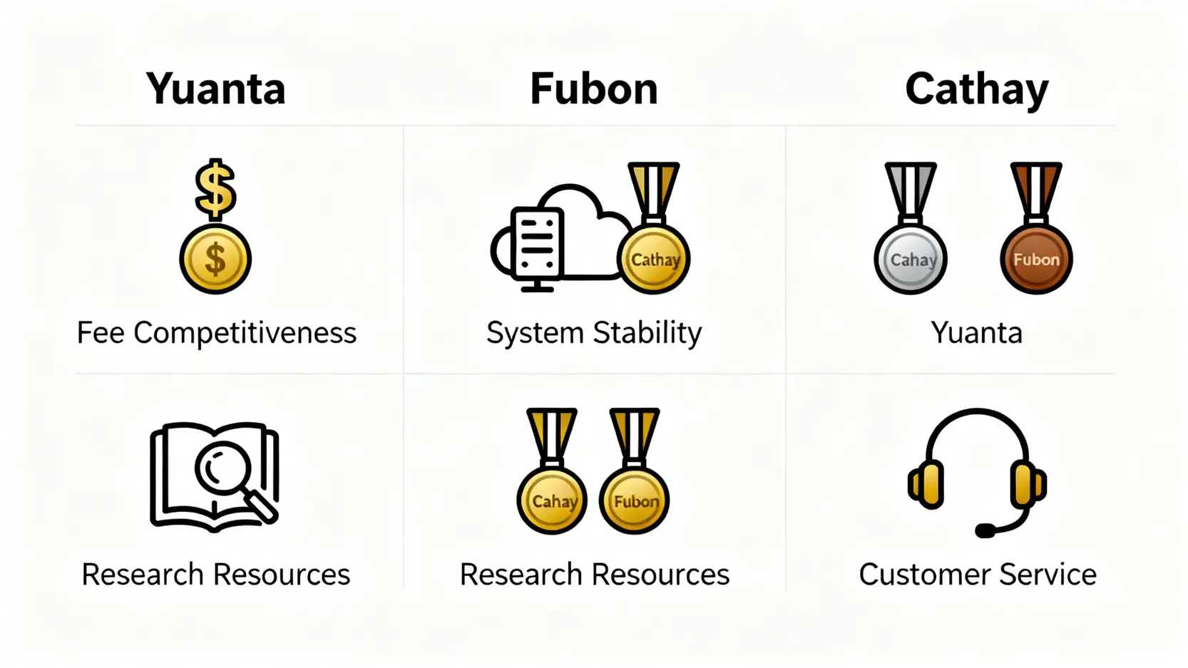 三大券商核心優勢對比圖,顯示元大在研究資源、富邦在客戶服務、國泰在手續費與系統穩定性方面的領先地位。