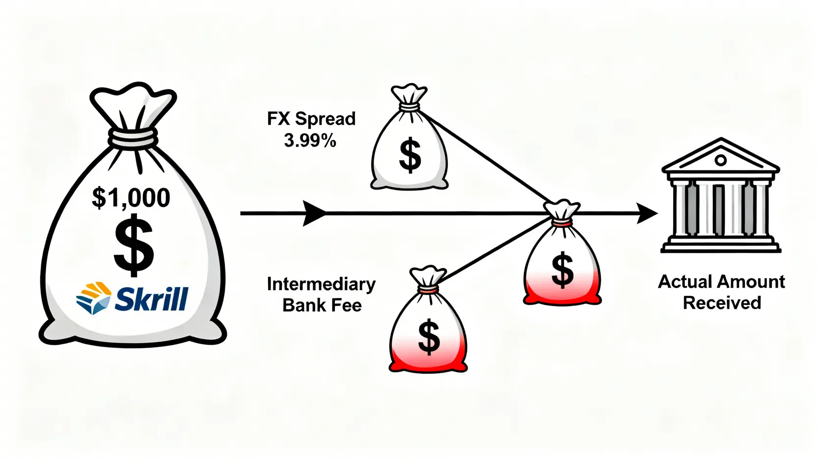 Skrill出金端對端成本示意圖,展示了從Skrill錢包提款1000美元後,因匯率差和中轉行費用而導致最終到手金額減少的過程。