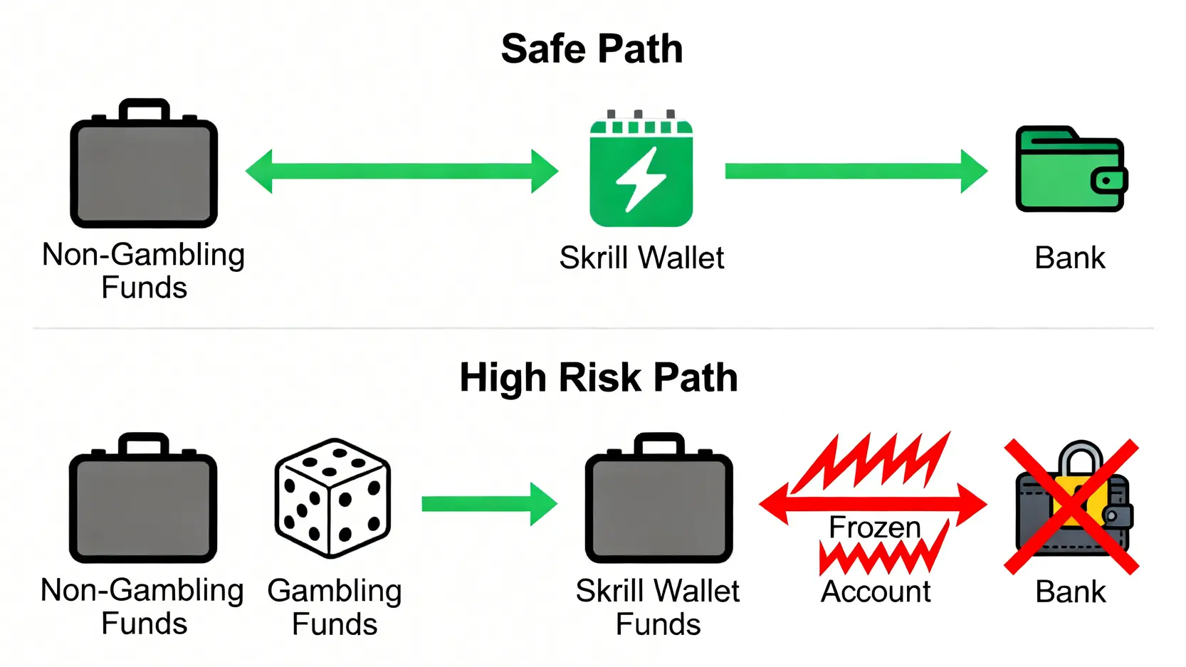 Skrill資金來源風險示意圖,對比了使用單純非賭博資金的安全路徑與混合賭博資金導致帳戶凍結的高風險路徑。