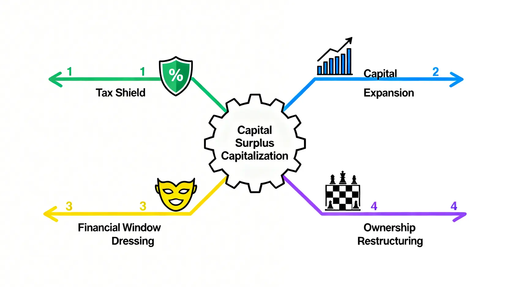 資本公積轉增資的四種動機示意圖,包含稅務優化、股本擴張、財務美化與股權結構調整。