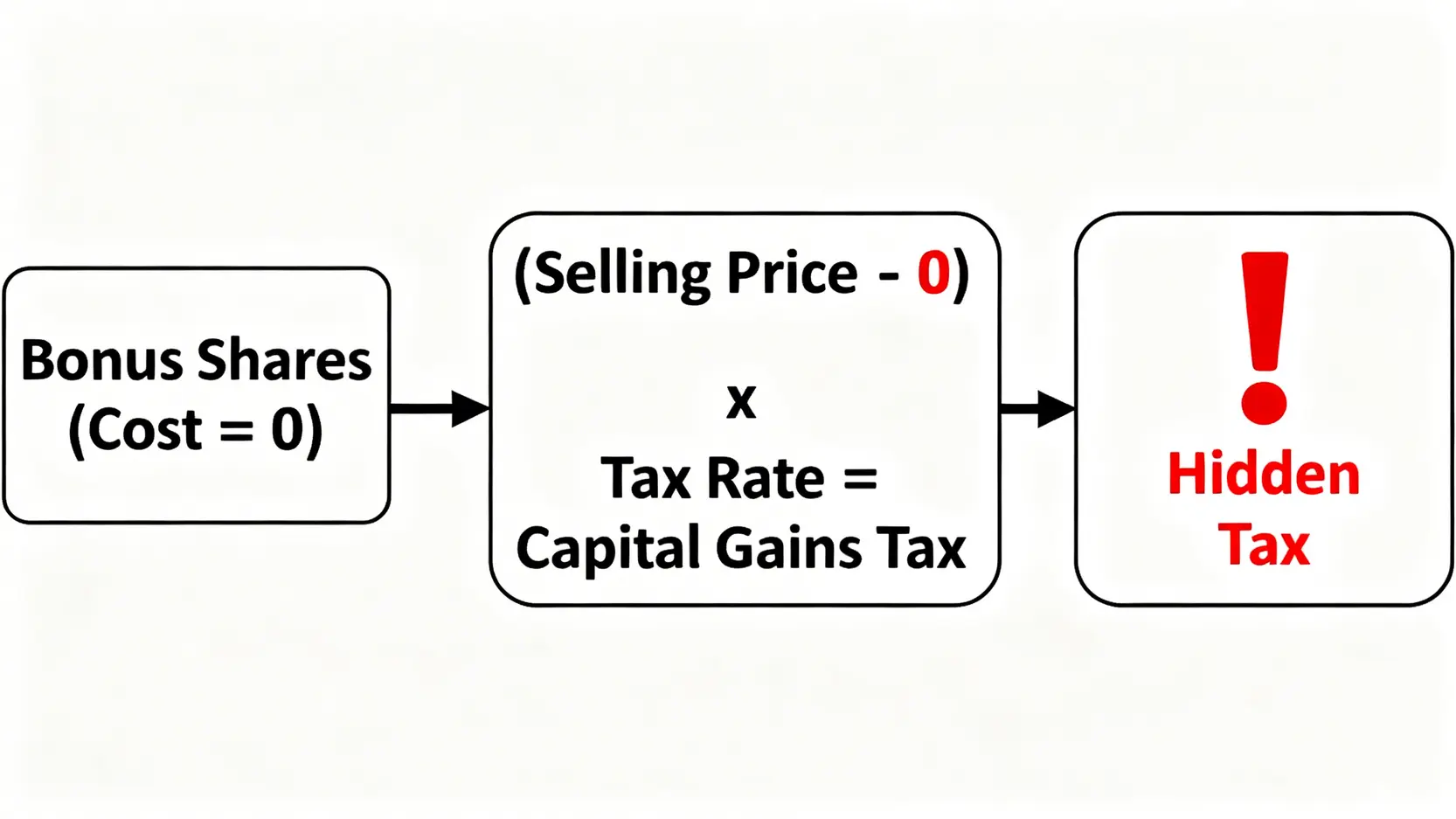 示意圖解釋資本公積配股的零成本特性,如何在賣出時產生預期外的財產交易所得稅。