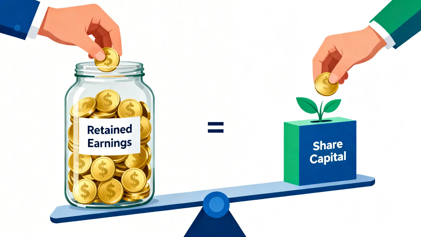 盈餘轉增資概念圖,顯示公司的保留盈餘轉化為股本,總資產價值不變。