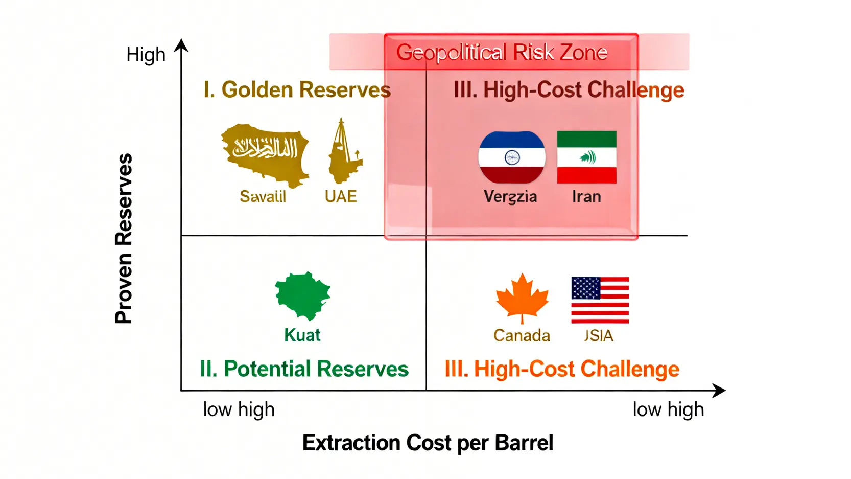 一個四象限圖,根據探明儲量和開採成本將主要石油國家分為四個區域:黃金儲備區、潛力儲備區、高成本挑戰區,並以紅色區域標示受地緣政治影響的風險國家。