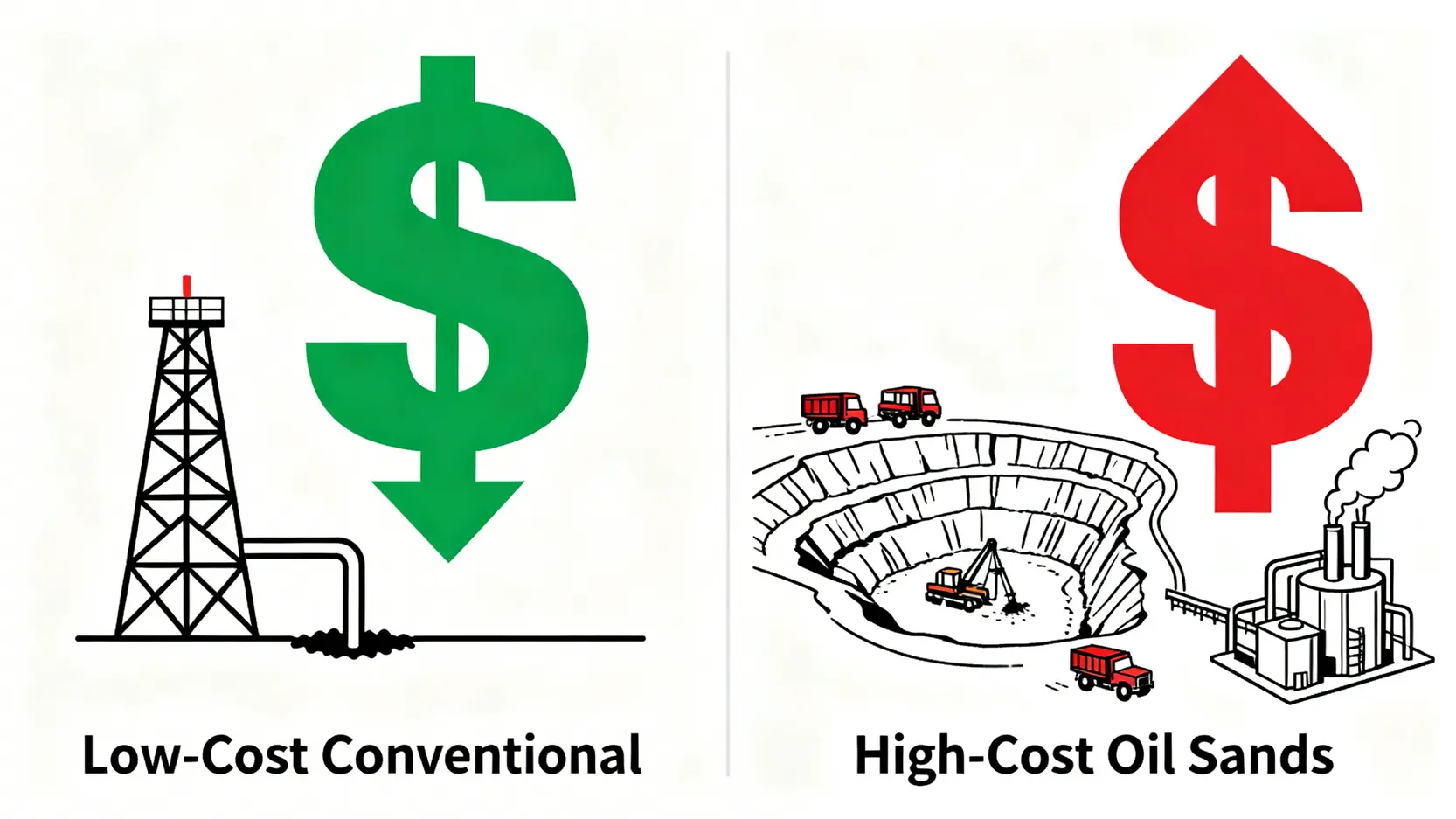 對比圖解釋不同石油開採方式的成本差異,左邊是低成本的傳統陸上鑽井,右邊是高成本、高複雜度的油砂開採。